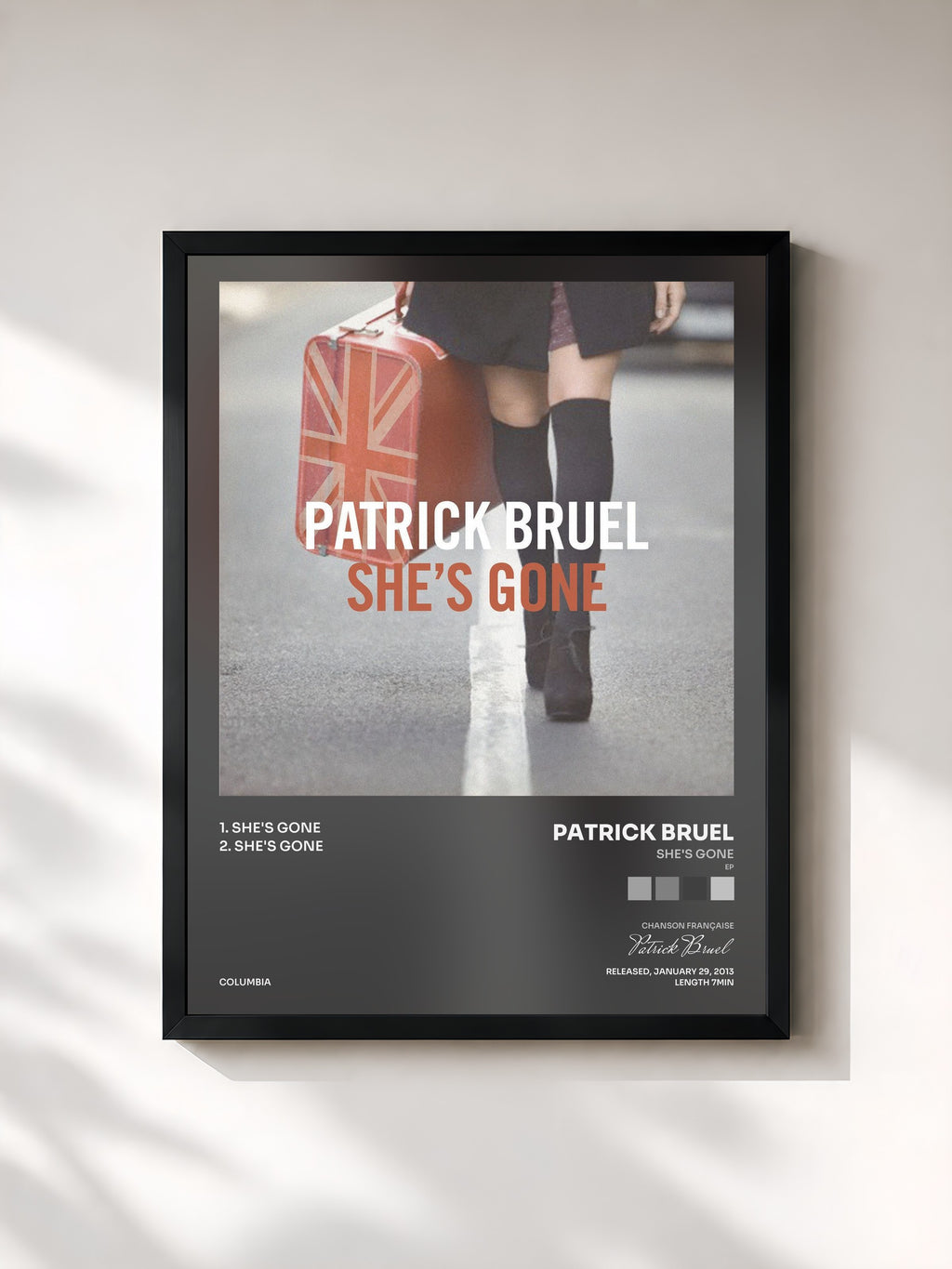 #noir Tableau de l'album She's Gone (EP) de Patrick Bruel, cadre noir, imprimé et encadré en France