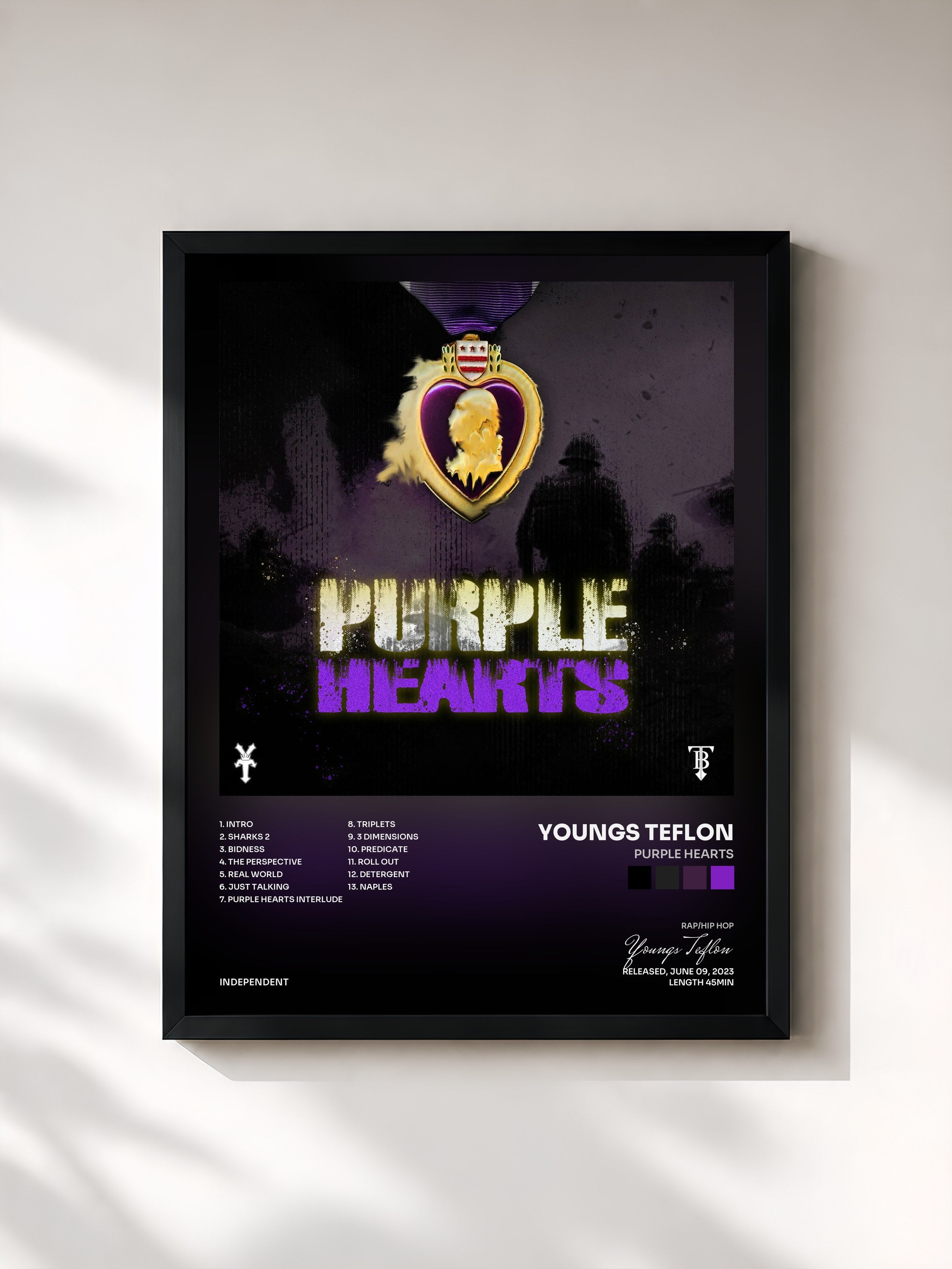#noir Tableau de l'album Purple Hearts de Youngs Teflon, cadre noir, imprimé et encadré en France