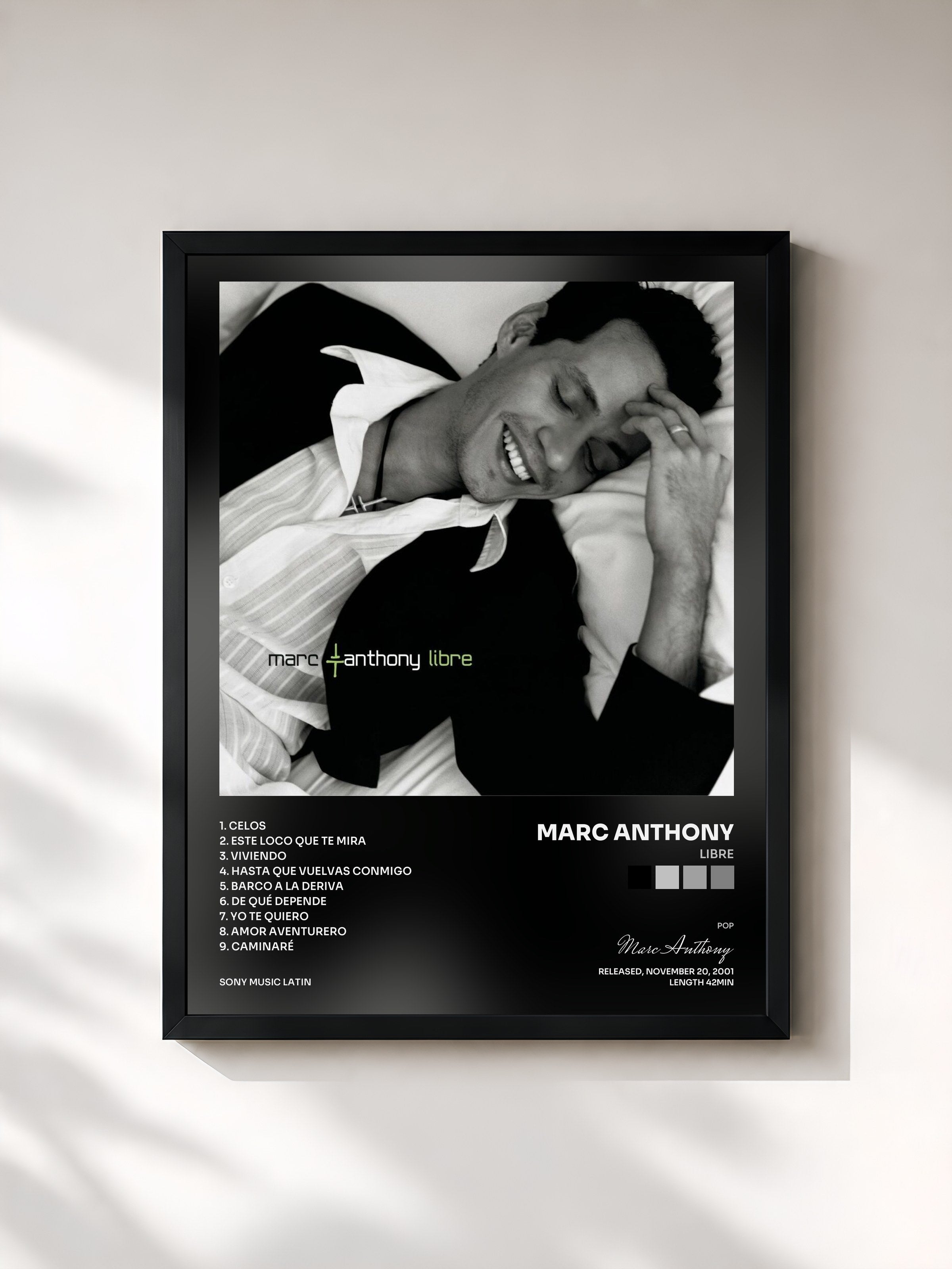 #noir Tableau de l'album Libre de Marc Anthony, cadre noir, imprimé et encadré en France