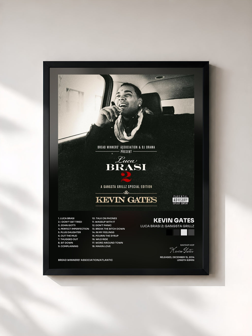 #noir Tableau de l'album Luca Brasi 2: Gangsta Grillz de Kevin Gates, cadre noir, imprimé et encadré en France
