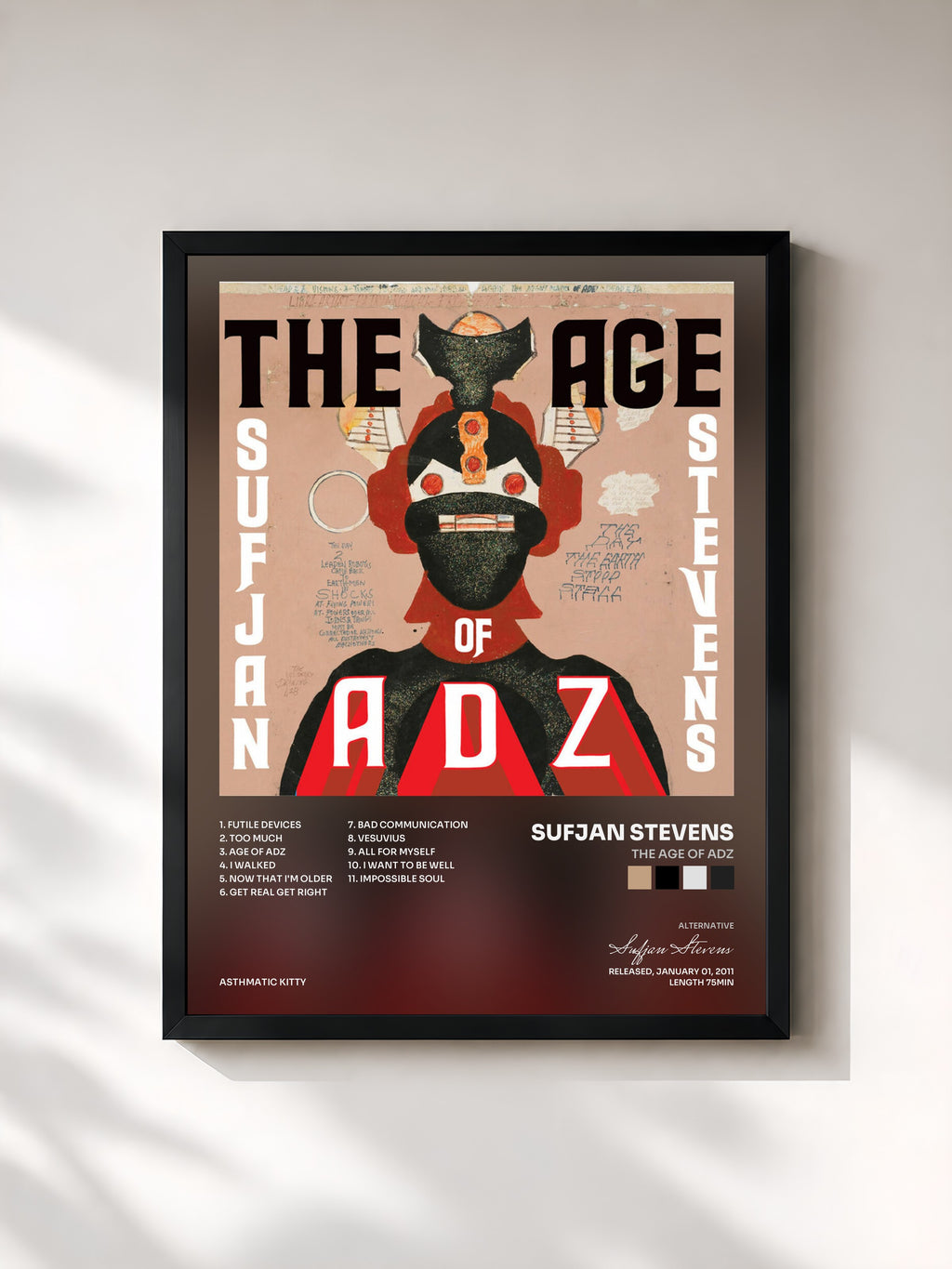 #noir Tableau de l'album The Age of Adz de Sufjan Stevens, cadre noir, imprimé et encadré en France