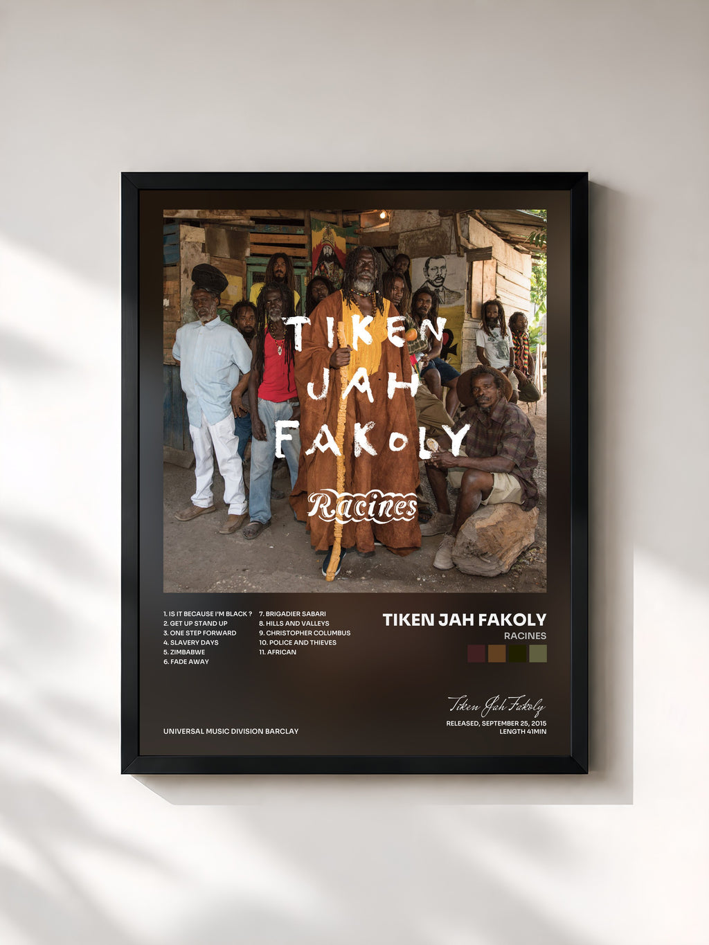 #noir Tableau de l'album Racines de Tiken Jah Fakoly, cadre noir, imprimé et encadré en France