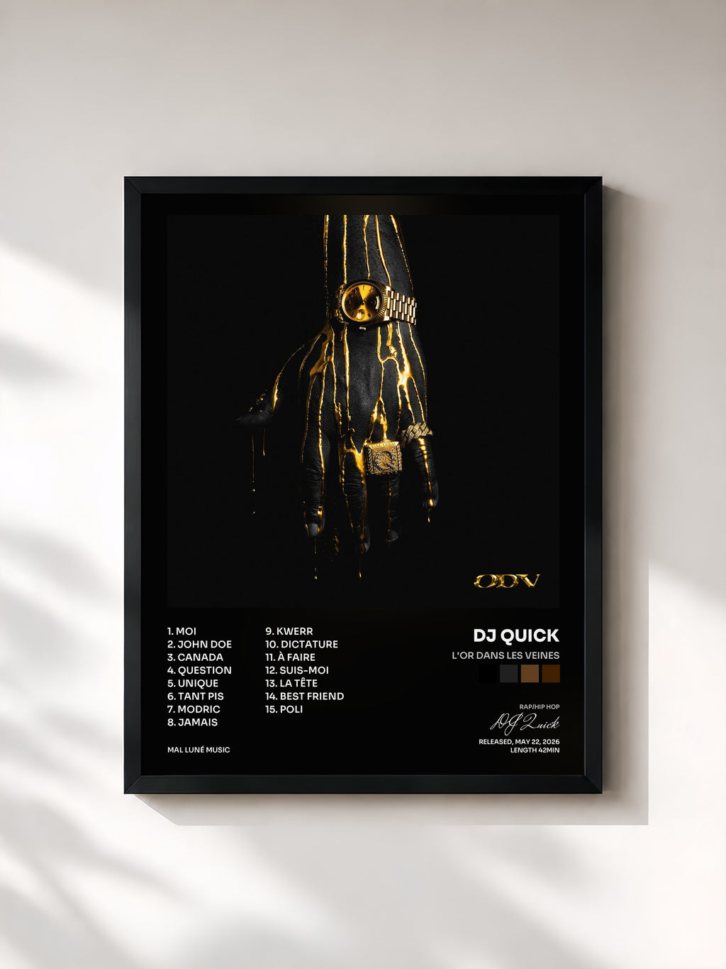 #noir Tableau de l'album L'OR DANS LES VEINES de DJ Quick, cadre noir, imprimé et encadré en France