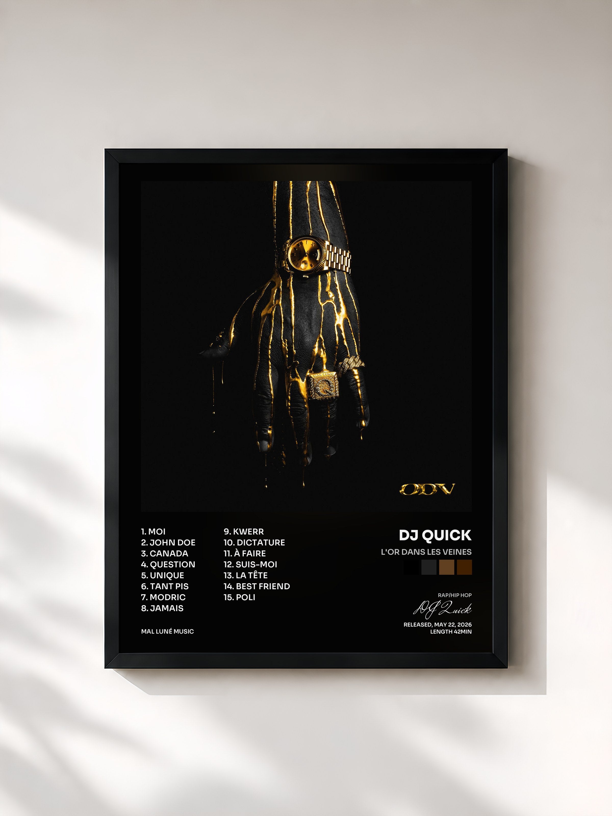 #noir Tableau de l'album L'OR DANS LES VEINES de DJ Quick, cadre noir, imprimé et encadré en France