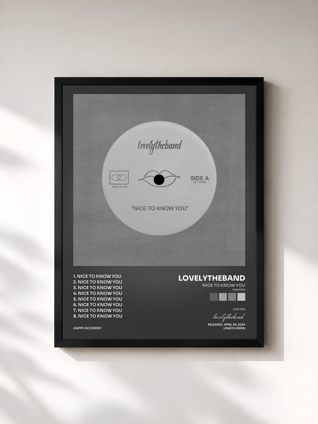 #noir Tableau de l'album nice to know you (versions) de lovelytheband, cadre noir, imprimé et encadré en France