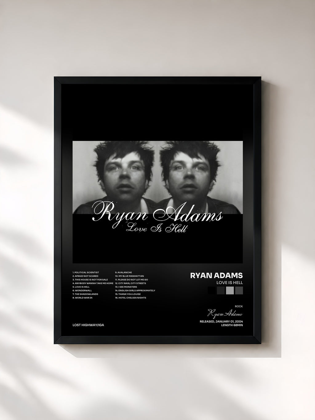 #noir Tableau de l'album Love Is Hell de Ryan Adams, cadre noir, imprimé et encadré en France