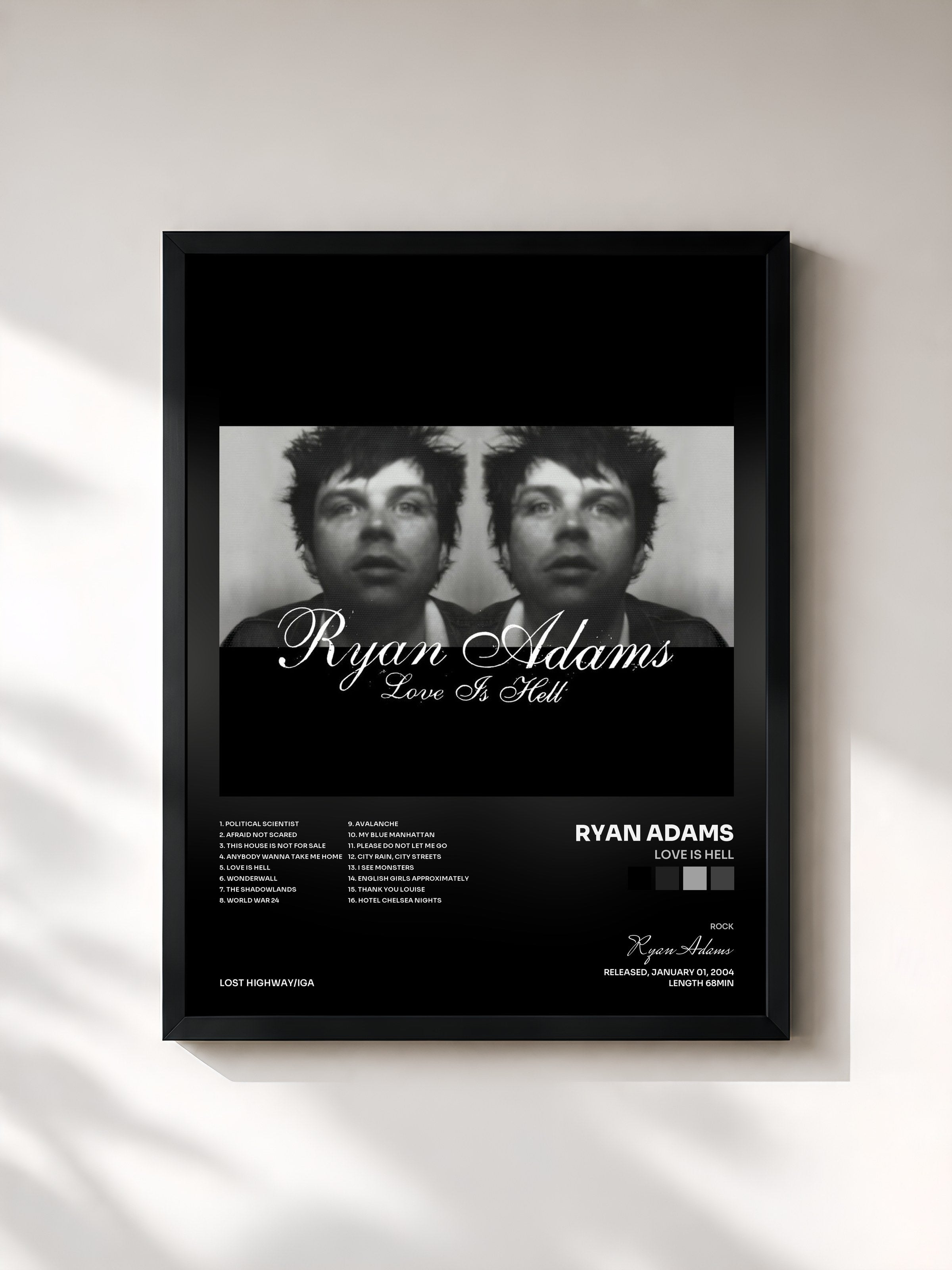 #noir Tableau de l'album Love Is Hell de Ryan Adams, cadre noir, imprimé et encadré en France