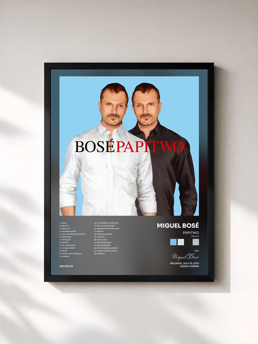 #noir Tableau de l'album Papitwo (Deluxe) de Miguel Bosé, cadre noir, imprimé et encadré en France