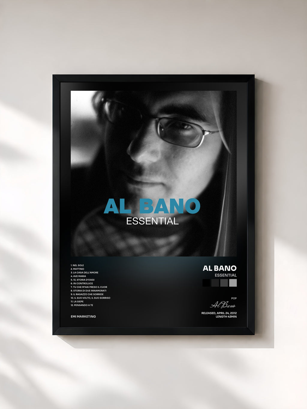 #noir Tableau de l'album Essential de Al Bano, cadre noir, imprimé et encadré en France