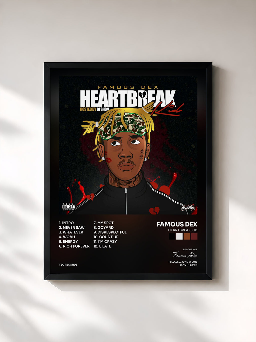 #noir Tableau de l'album Heartbreak Kid de Famous Dex, cadre noir, imprimé et encadré en France