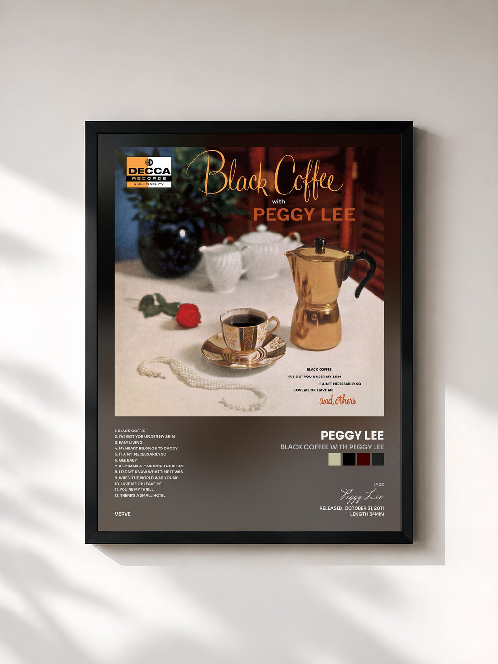 #noir Tableau de l'album Black Coffee With Peggy Lee de Peggy Lee, cadre noir, imprimé et encadré en France