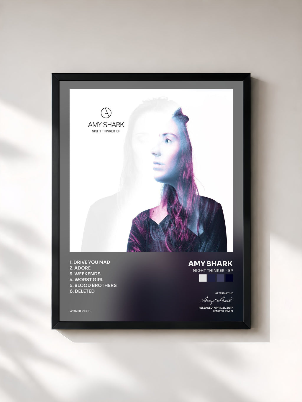 #noir Tableau de l'album Night Thinker - EP de Amy Shark, cadre noir, imprimé et encadré en France