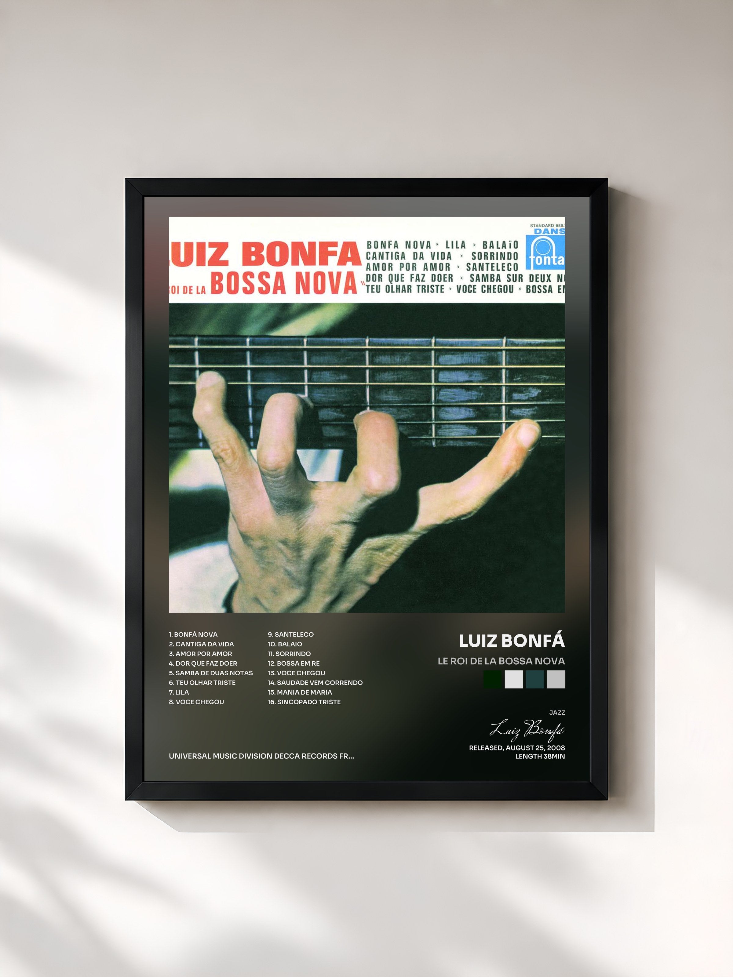 #noir Tableau de l'album Le Roi de la Bossa Nova de Luiz Bonfá, cadre noir, imprimé et encadré en France