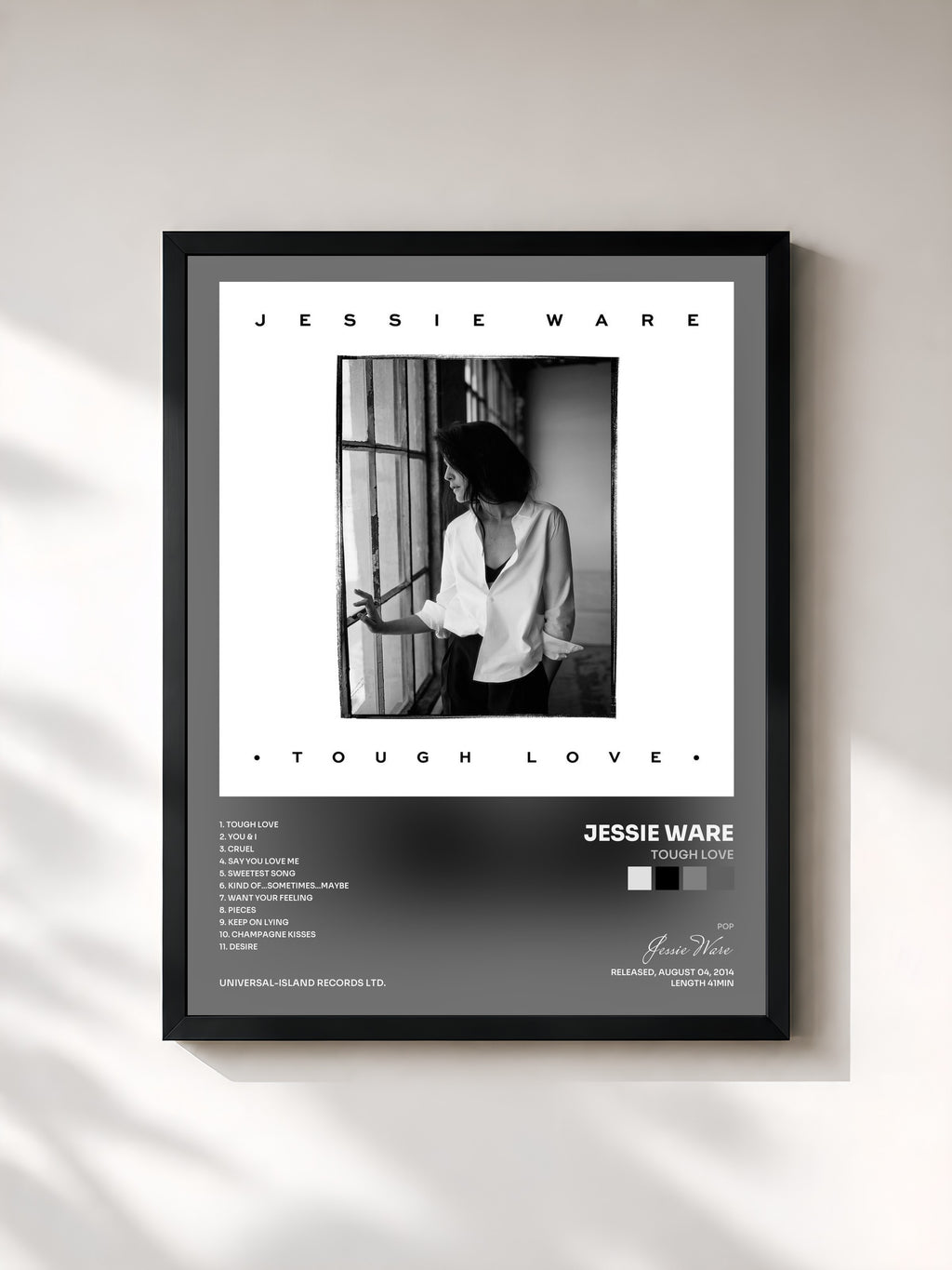 #noir Tableau de l'album Tough Love de Jessie Ware, cadre noir, imprimé et encadré en France