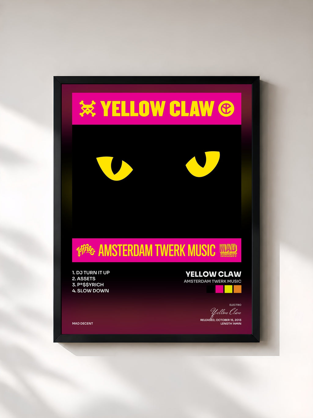 #noir Tableau de l'album Amsterdam Twerk Music de Yellow Claw, cadre noir, imprimé et encadré en France