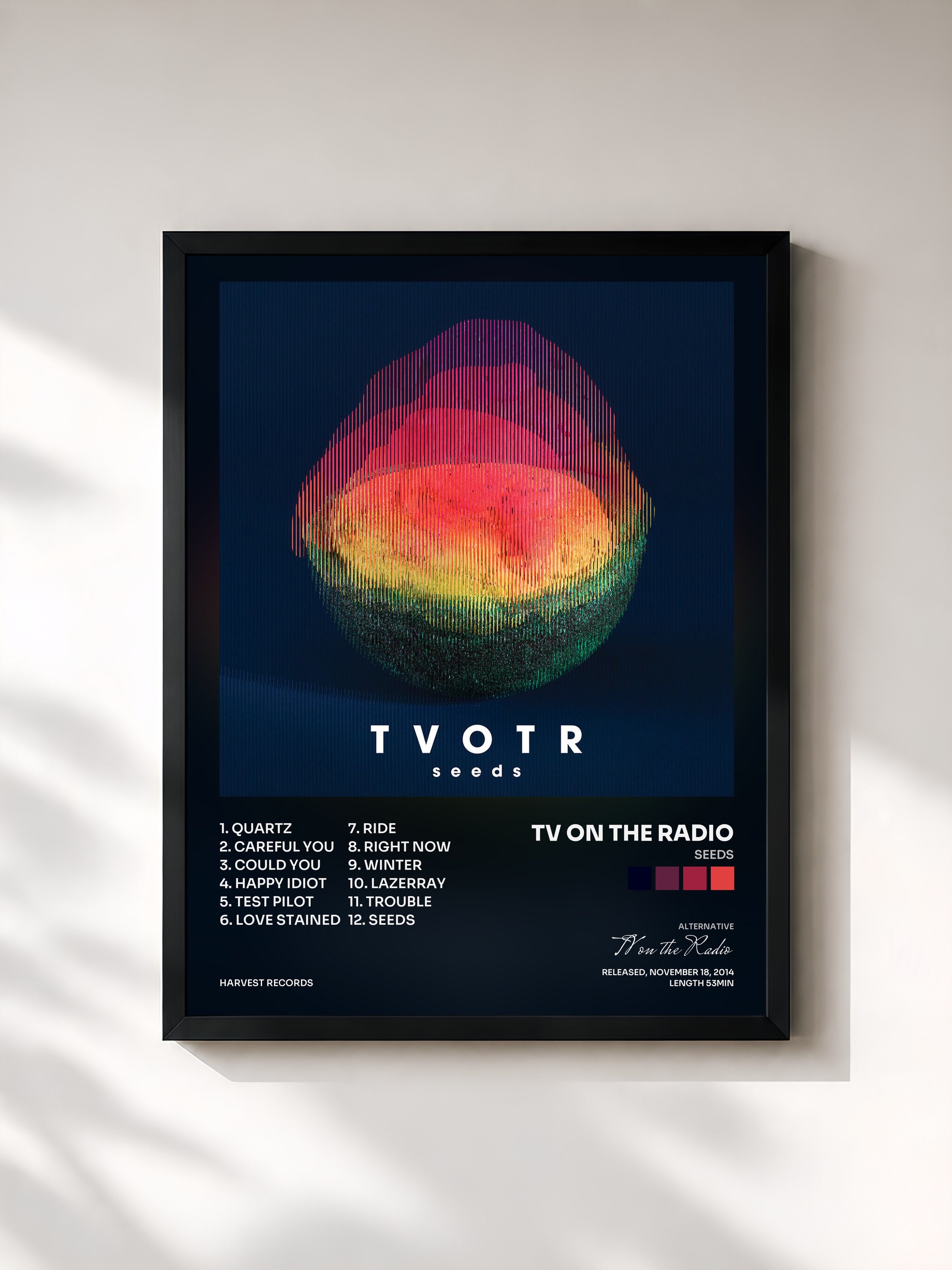 #noir Tableau de l'album Seeds de TV on the Radio, cadre noir, imprimé et encadré en France