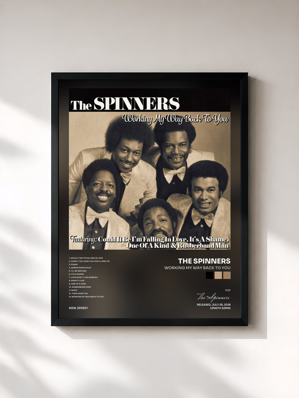 #noir Tableau de l'album Working My Way Back to You de The Spinners, cadre noir, imprimé et encadré en France