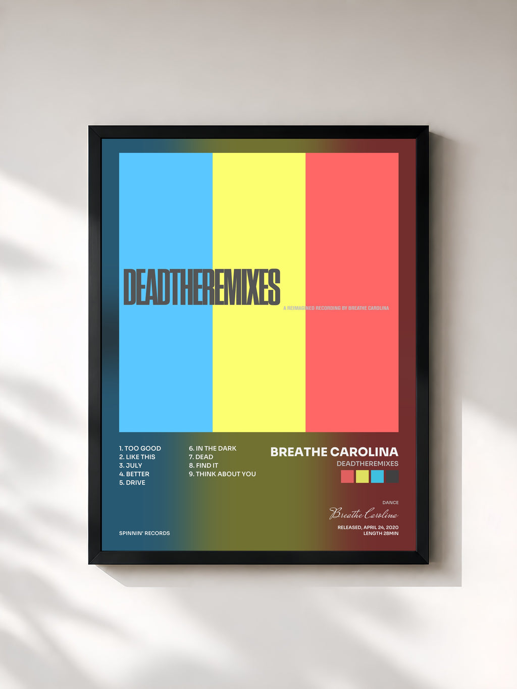 #noir Tableau de l'album DEADTHEREMIXES de Breathe Carolina, cadre noir, imprimé et encadré en France