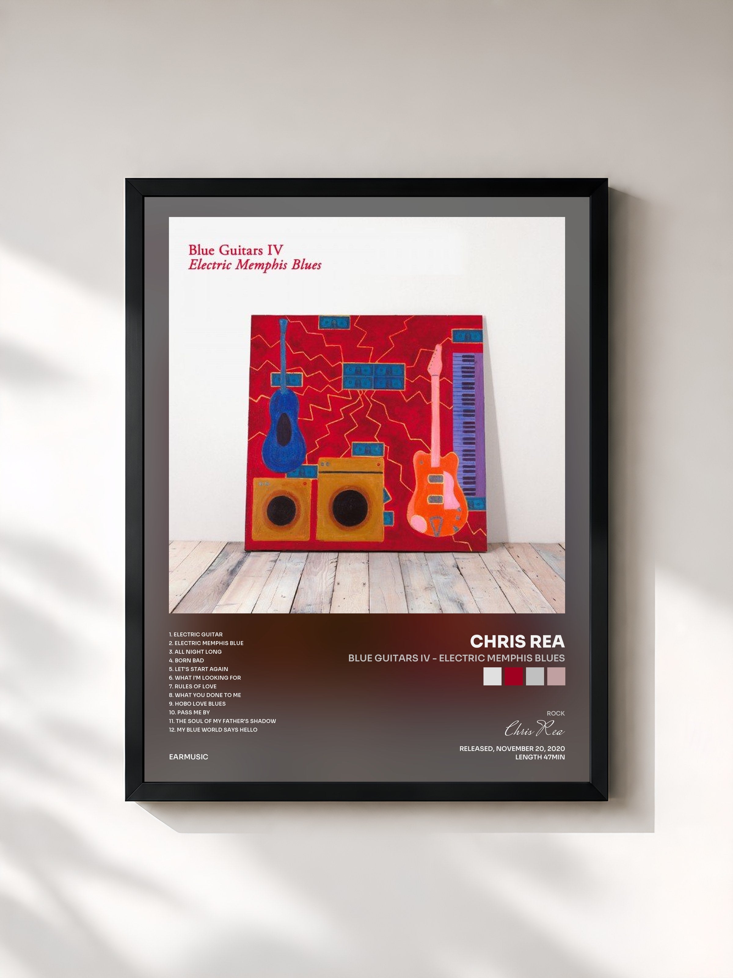 #noir Tableau de l'album Blue Guitars IV - Electric Memphis Blues de Chris Rea, cadre noir, imprimé et encadré en France