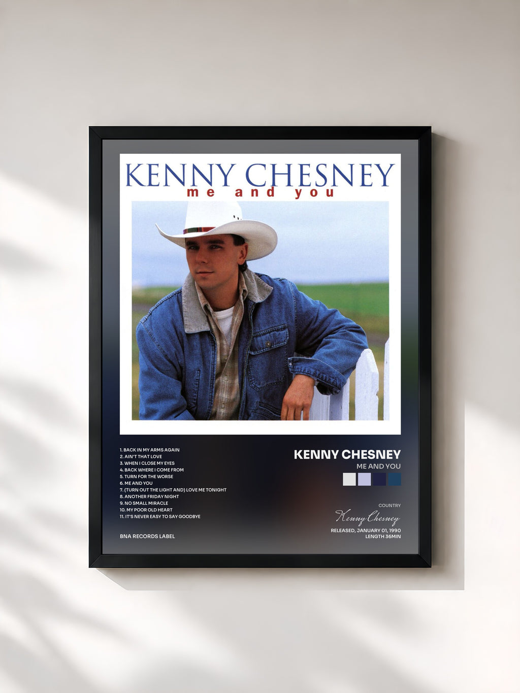 #noir Tableau de l'album Me And You de Kenny Chesney, cadre noir, imprimé et encadré en France
