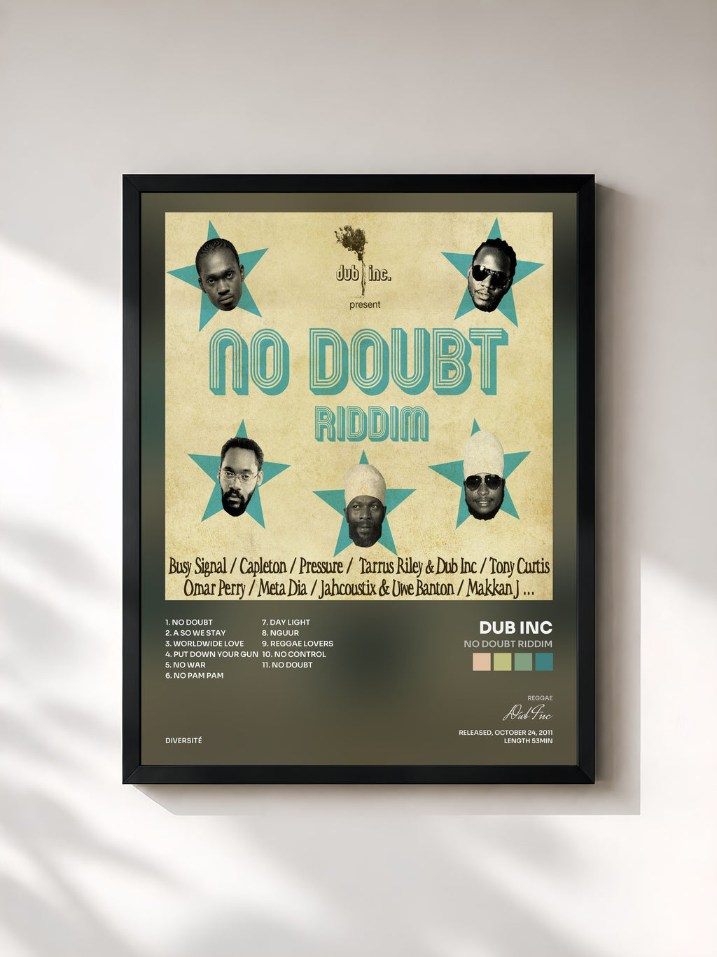 #noir Tableau de l'album No Doubt Riddim de Dub Inc, cadre noir, imprimé et encadré en France