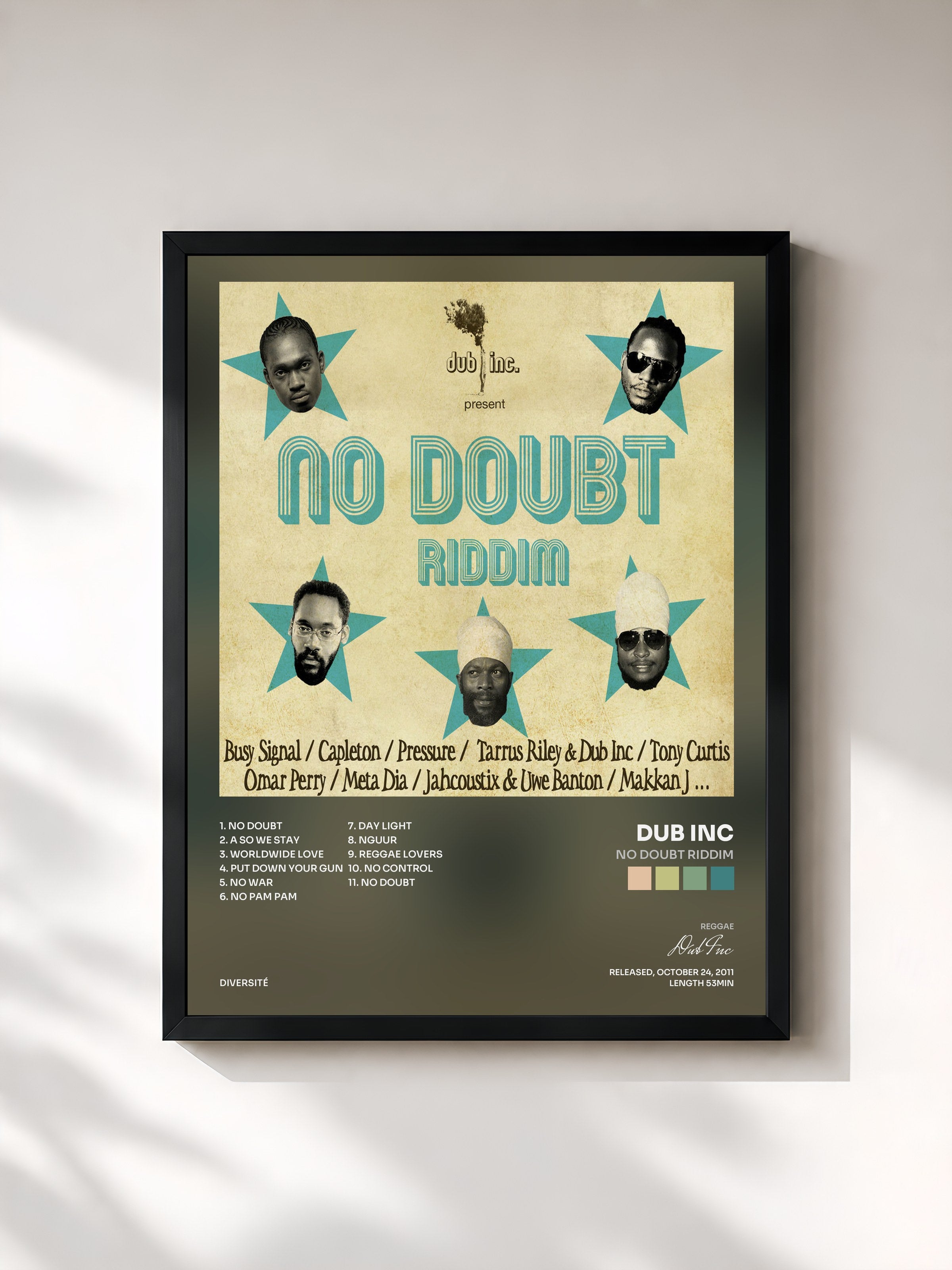 #noir Tableau de l'album No Doubt Riddim de Dub Inc, cadre noir, imprimé et encadré en France