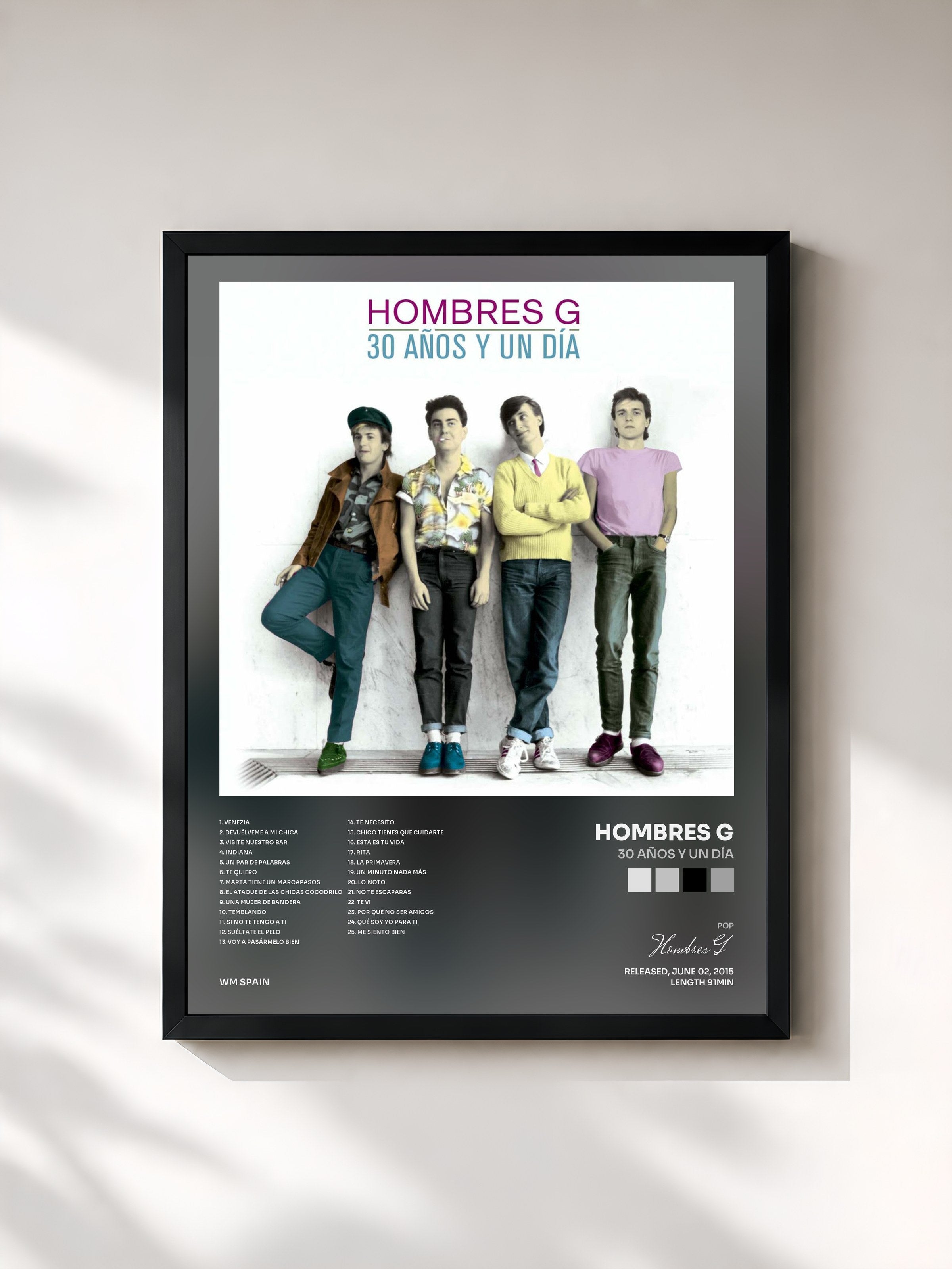 #noir Tableau de l'album 30 años y un día de Hombres G, cadre noir, imprimé et encadré en France