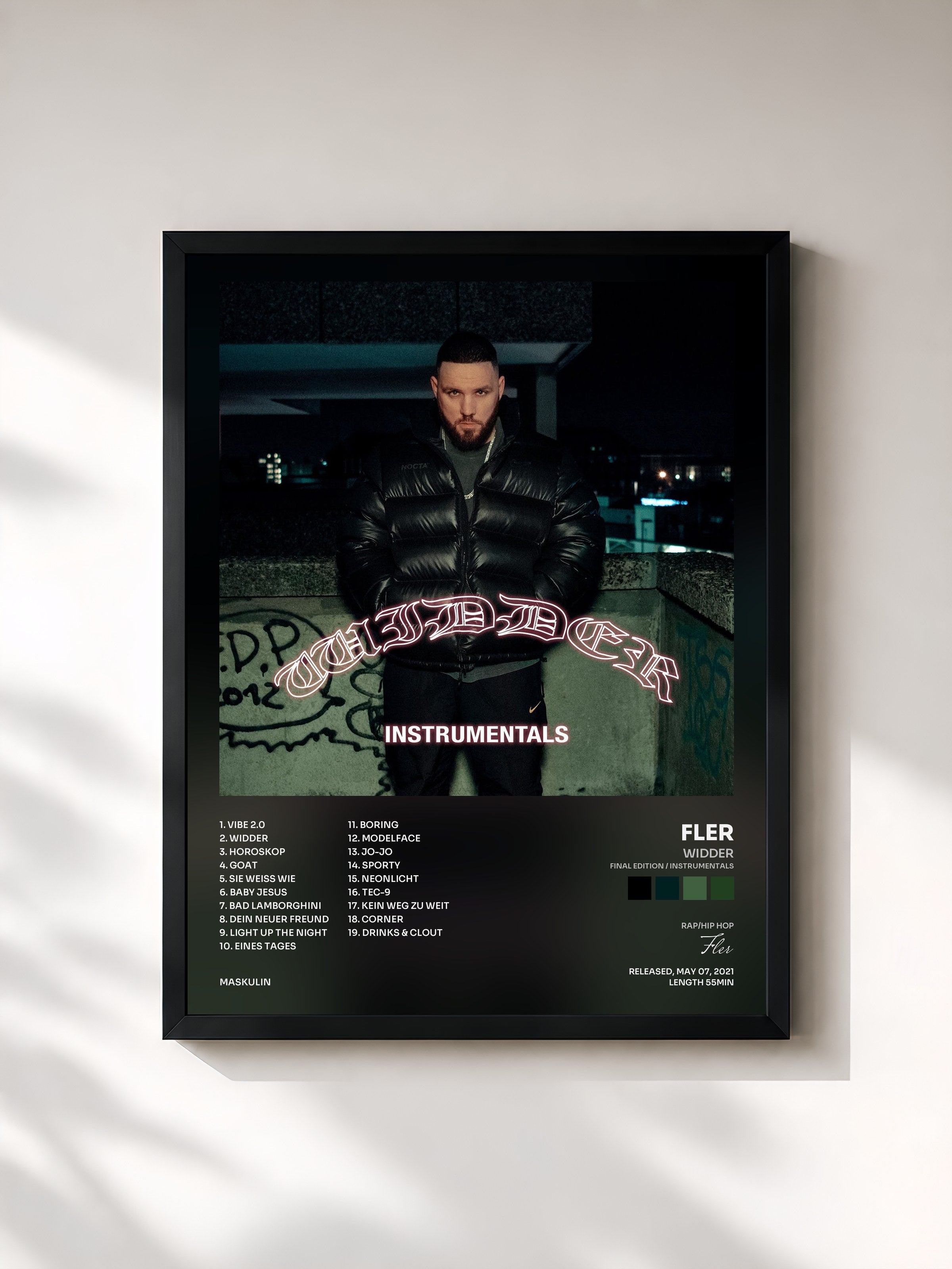 #noir Tableau de l'album WIDDER (FINAL EDITION / INSTRUMENTALS) de Fler, cadre noir, imprimé et encadré en France