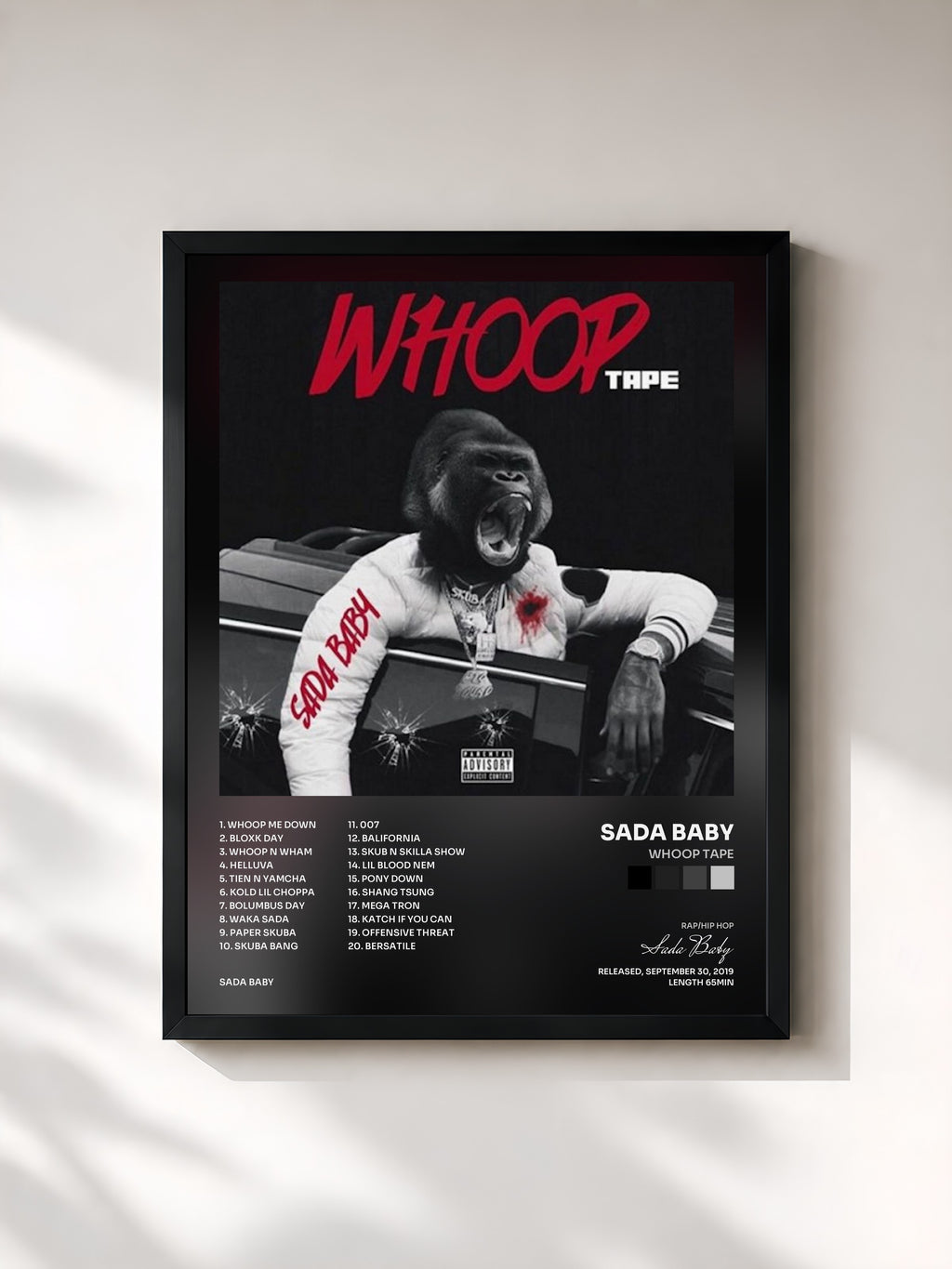 #noir Tableau de l'album Whoop Tape de Sada Baby, cadre noir, imprimé et encadré en France