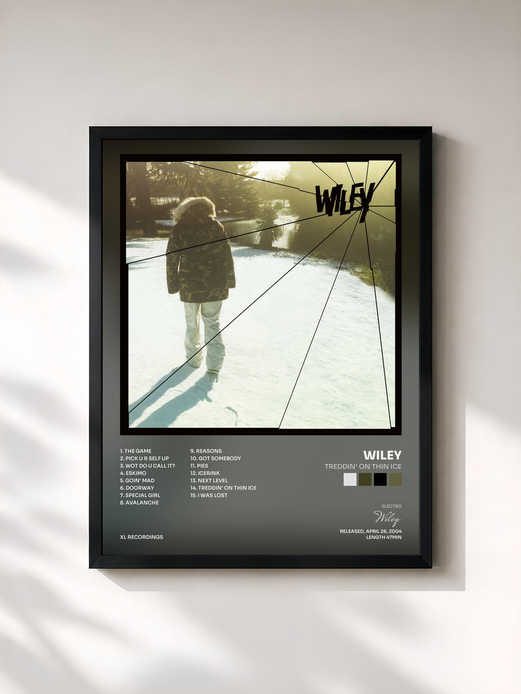 #noir Tableau de l'album Treddin' On Thin Ice de Wiley, cadre noir, imprimé et encadré en France