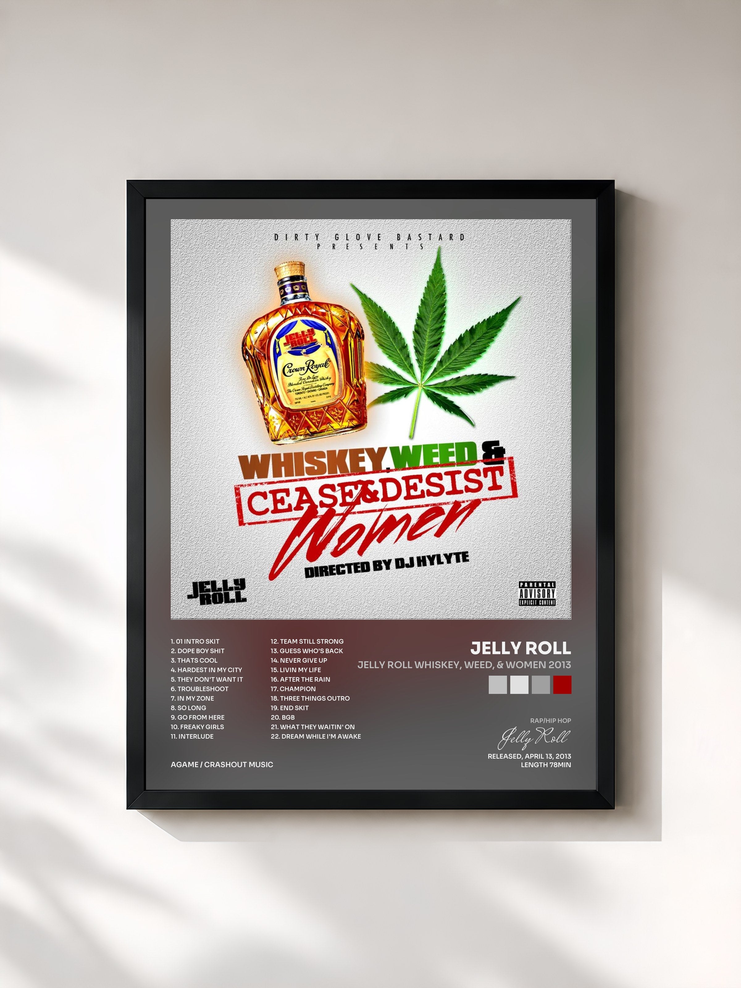 #noir Tableau de l'album Jelly Roll Whiskey, Weed, & Women 2013 de Jelly Roll, cadre noir, imprimé et encadré en France