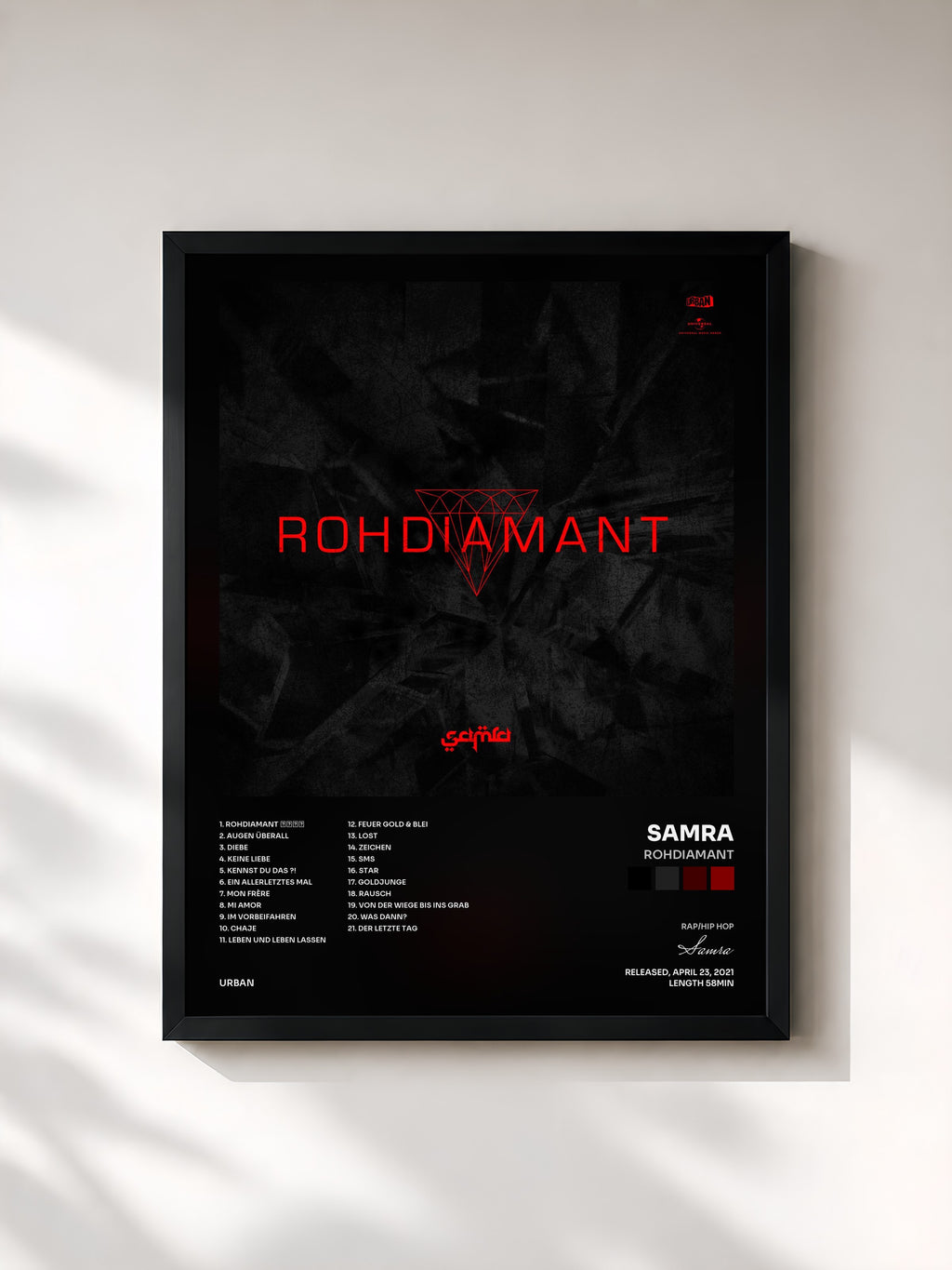 #noir Tableau de l'album Rohdiamant de Samra, cadre noir, imprimé et encadré en France