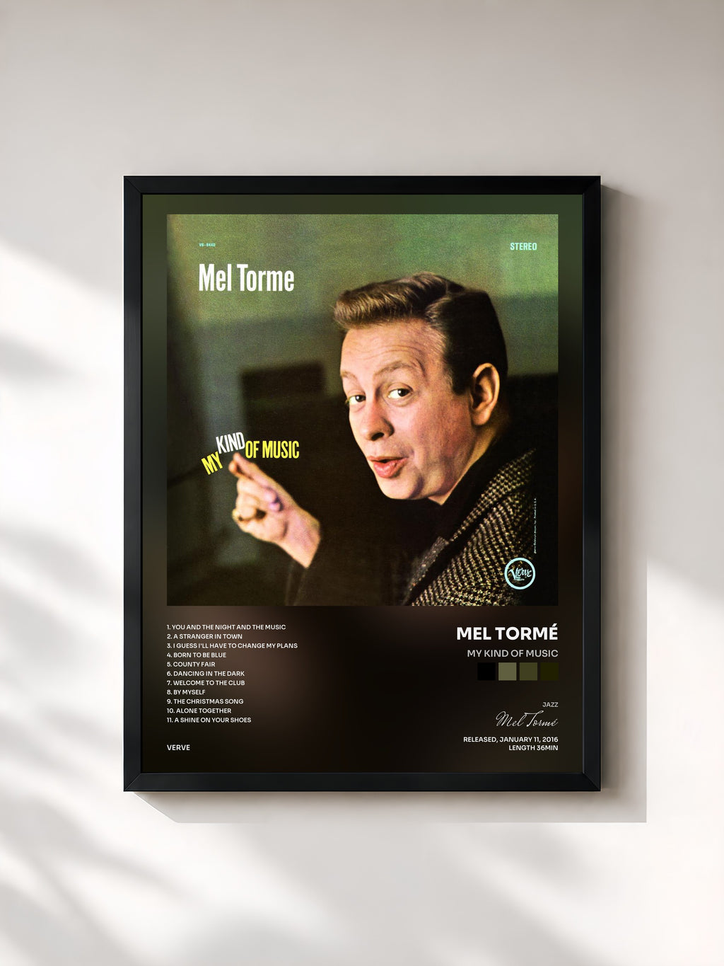 #noir Tableau de l'album My Kind Of Music de Mel Tormé, cadre noir, imprimé et encadré en France