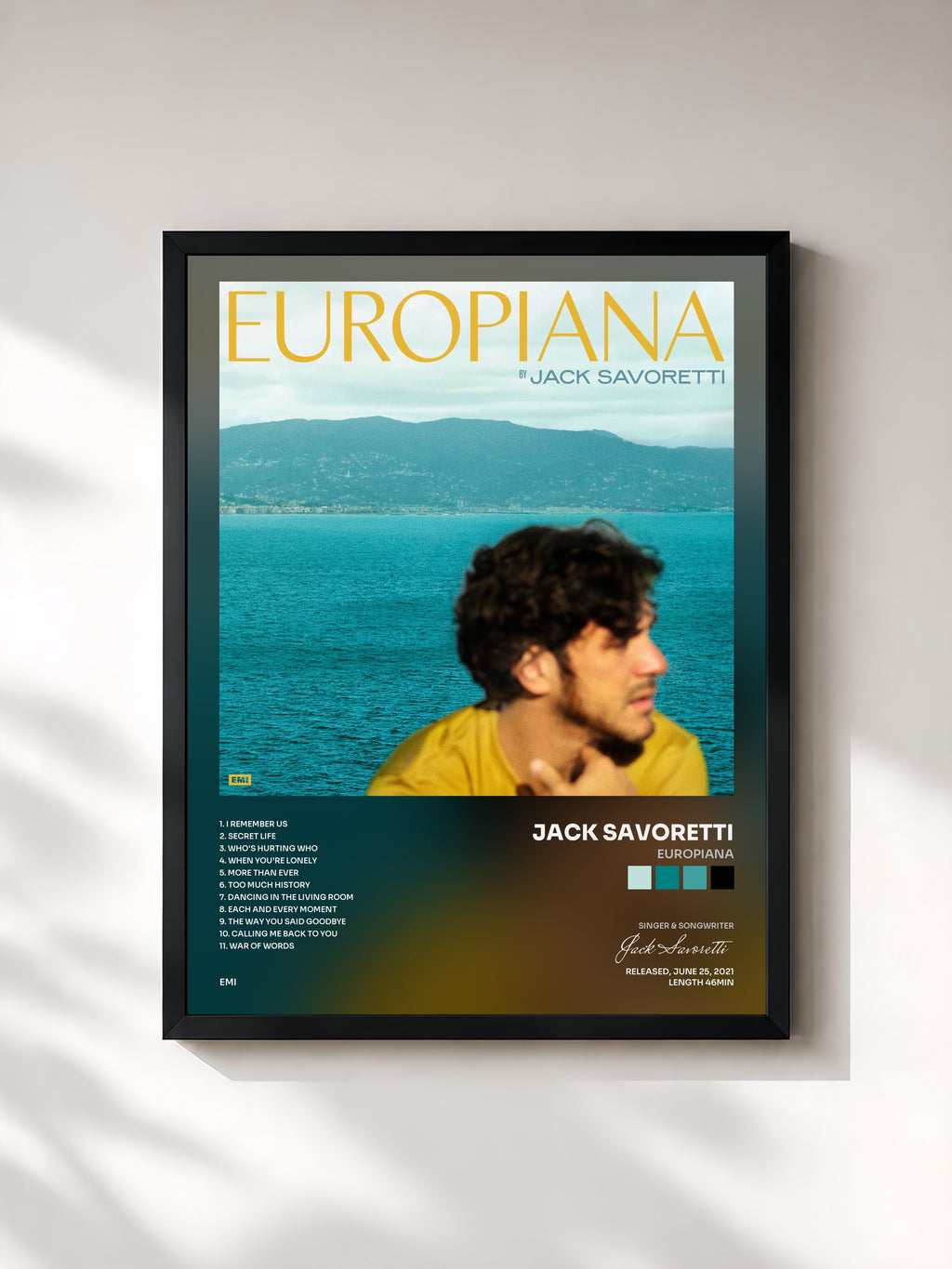 #noir Tableau de l'album Europiana de Jack Savoretti, cadre noir, imprimé et encadré en France
