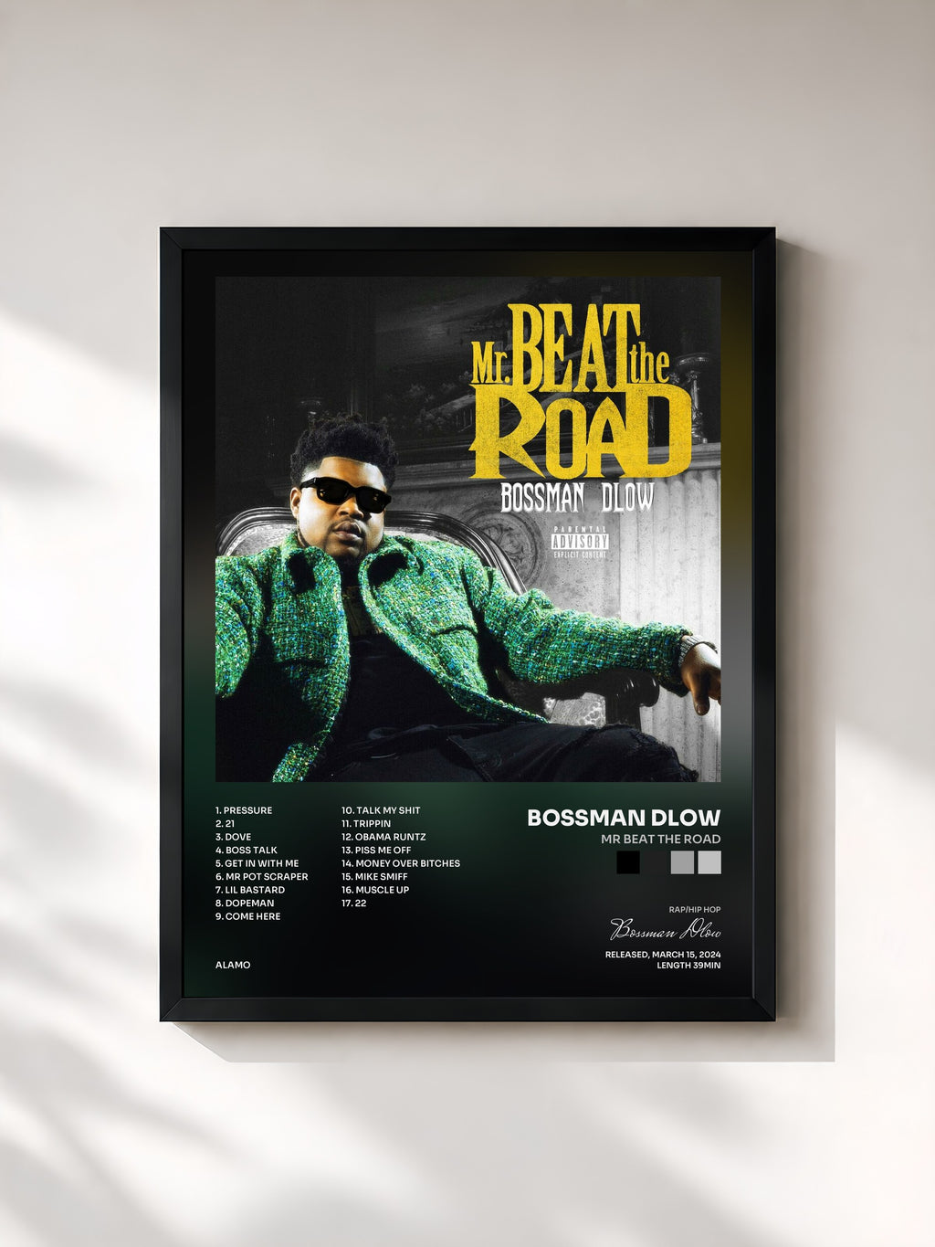 #noir Tableau de l'album Mr Beat The Road de Bossman Dlow, cadre noir, imprimé et encadré en France