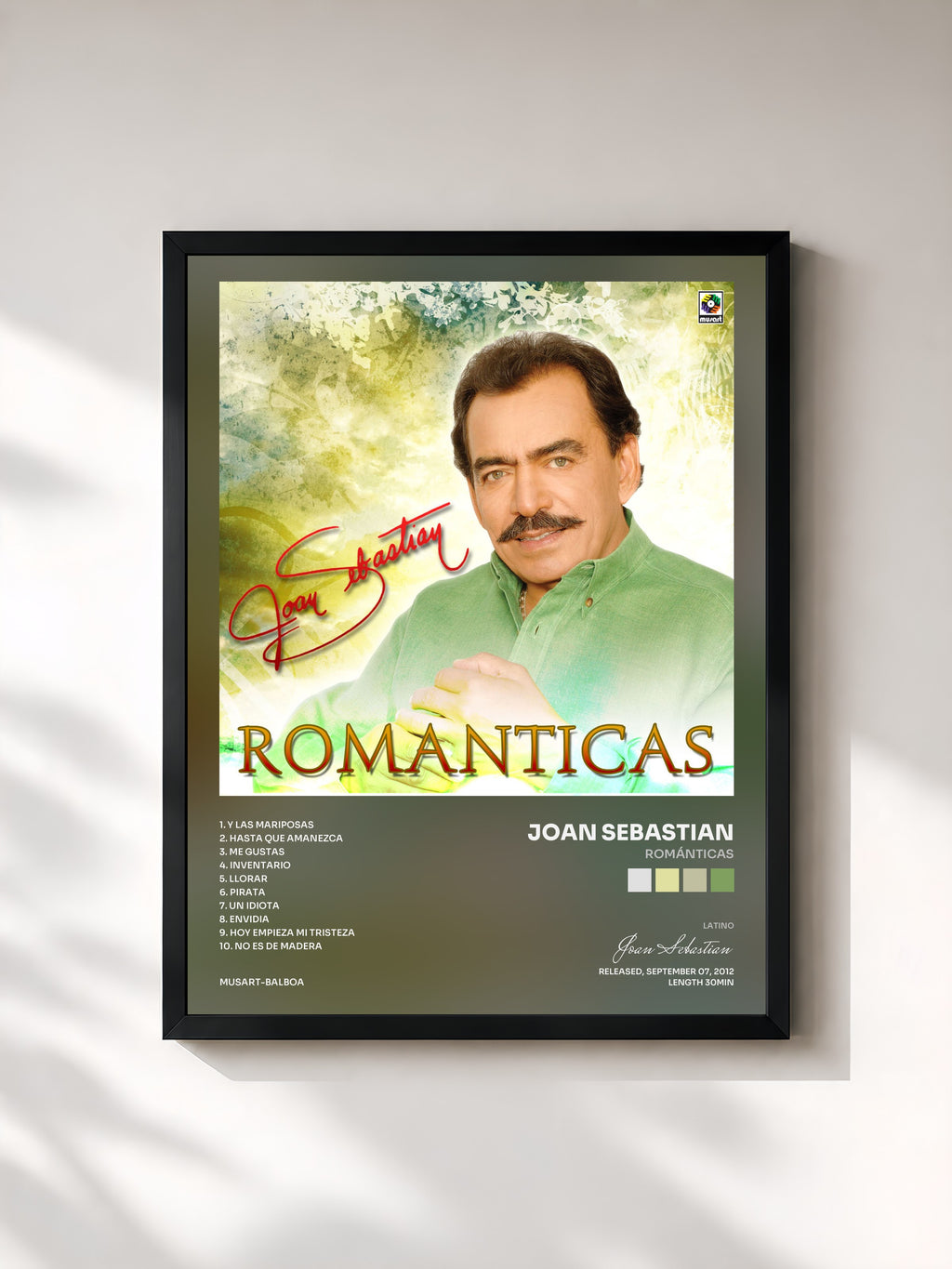 #noir Tableau de l'album Románticas de Joan Sebastian, cadre noir, imprimé et encadré en France