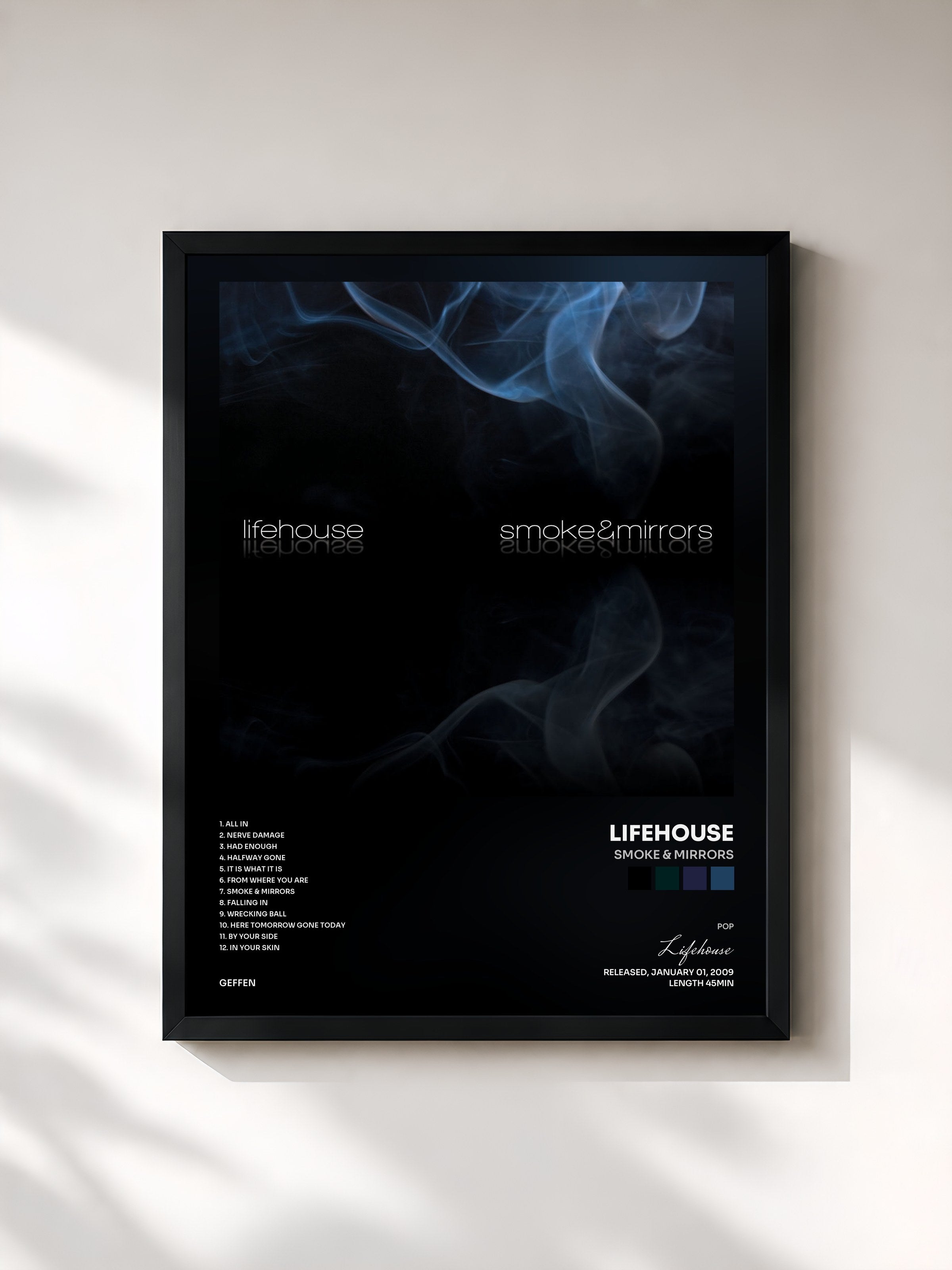 #noir Tableau de l'album Smoke & Mirrors de Lifehouse, cadre noir, imprimé et encadré en France