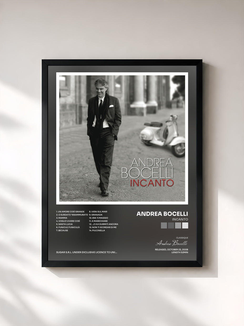 #noir Tableau de l'album Incanto de Andrea Bocelli, cadre noir, imprimé et encadré en France