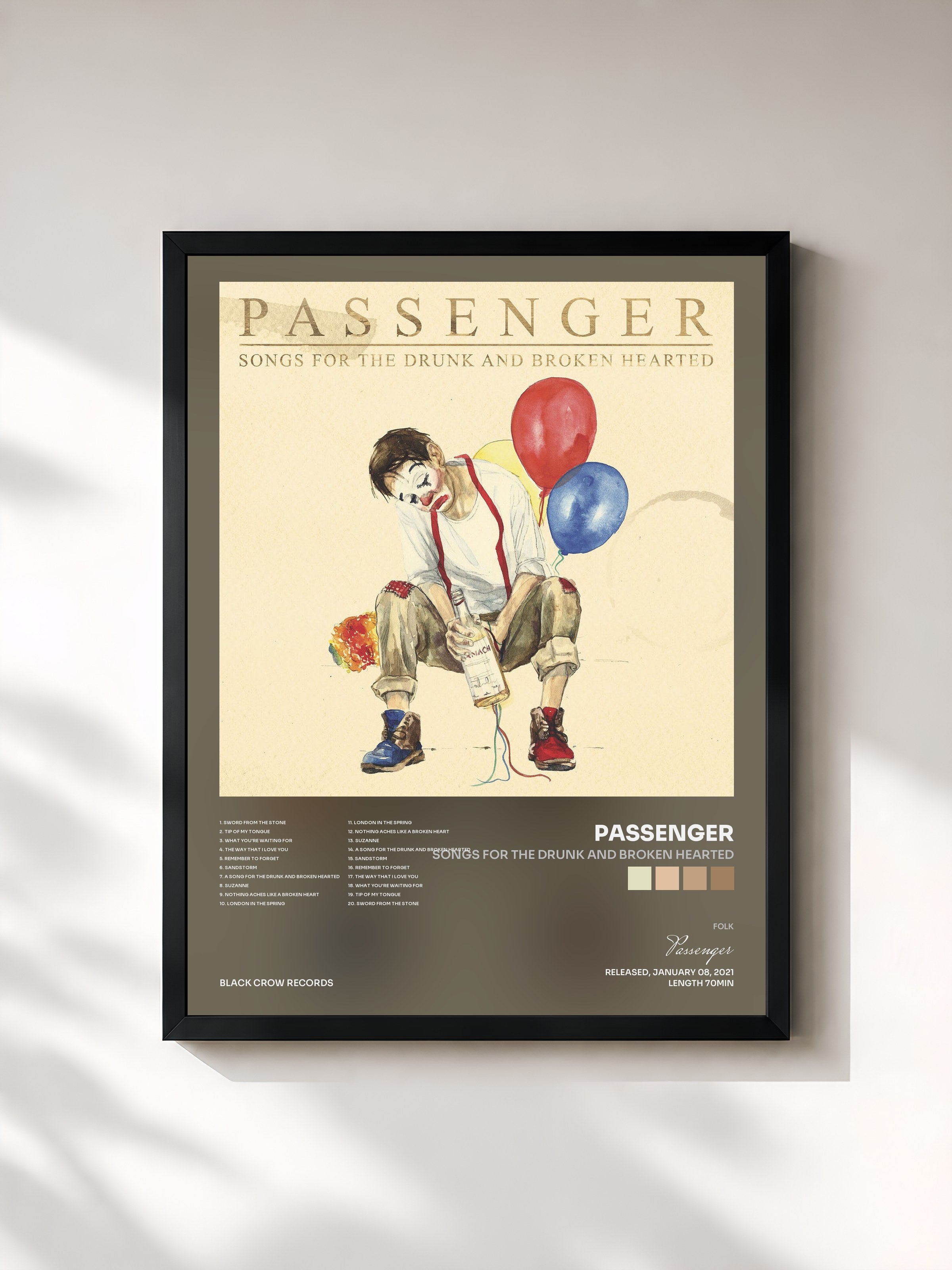 #noir Tableau de l'album Songs for the Drunk and Broken Hearted de Passenger, cadre noir, imprimé et encadré en France