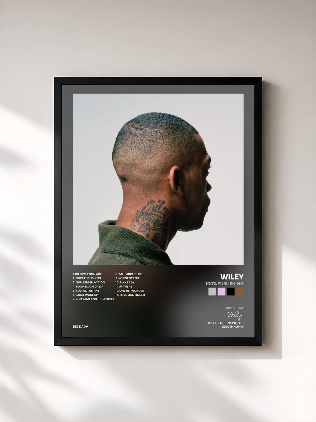 #noir Tableau de l'album 100% Publishing de Wiley, cadre noir, imprimé et encadré en France
