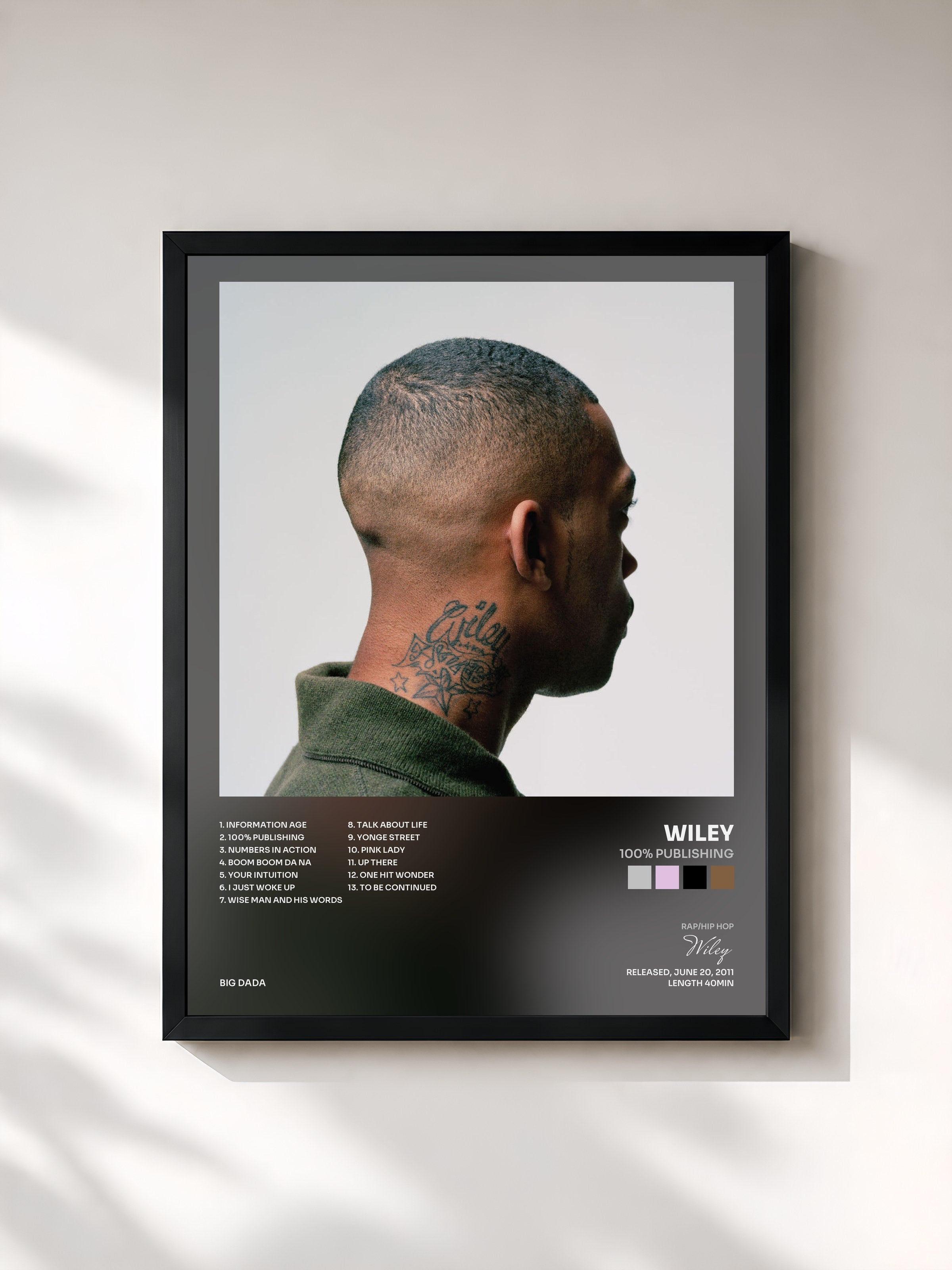 #noir Tableau de l'album 100% Publishing de Wiley, cadre noir, imprimé et encadré en France