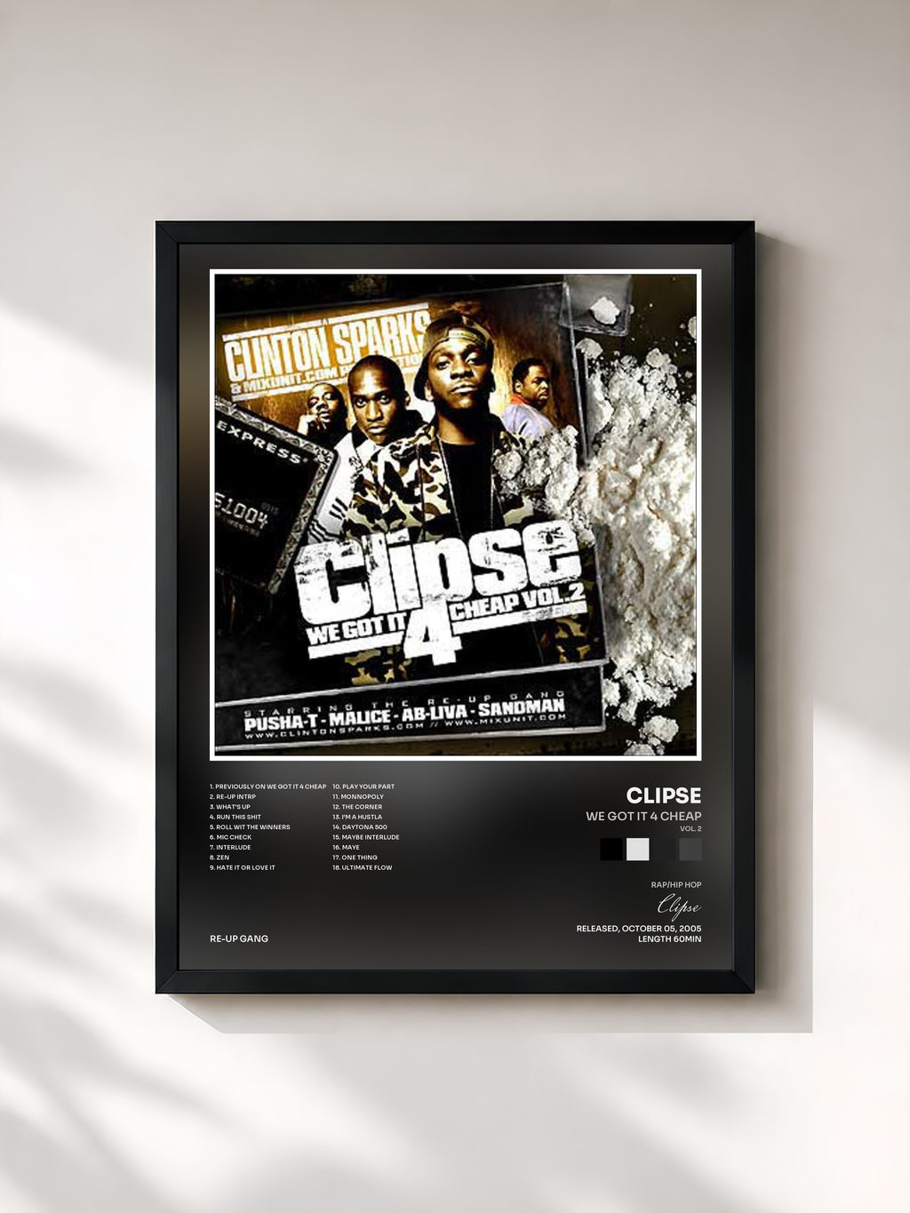 #noir Tableau de l'album We Got It 4 Cheap (Vol. 2) de Clipse, cadre noir, imprimé et encadré en France