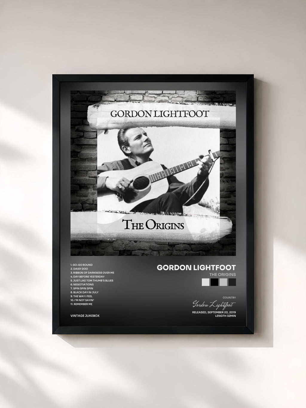 #noir Tableau de l'album The Origins de Gordon Lightfoot, cadre noir, imprimé et encadré en France