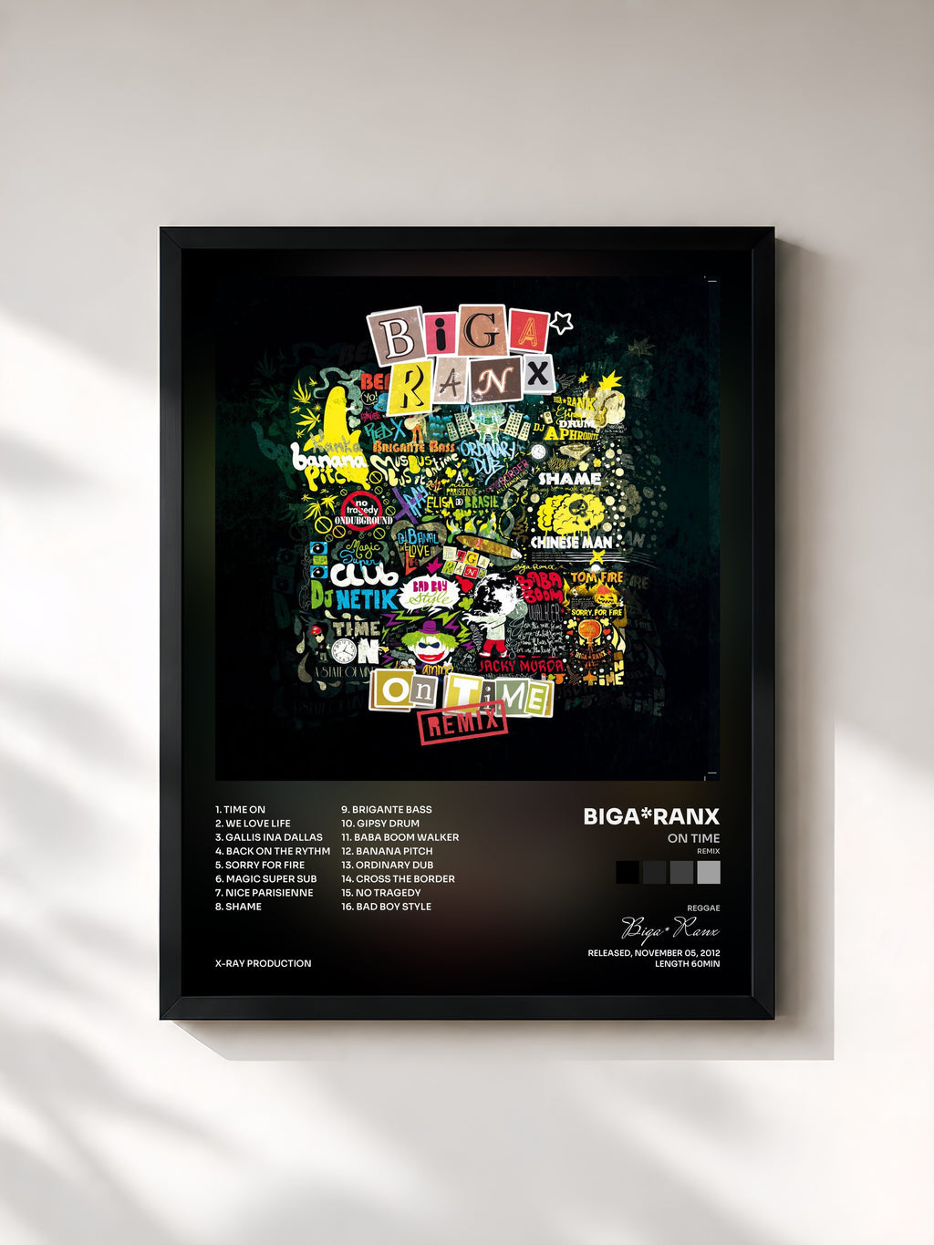 #noir Tableau de l'album On Time (Remix) de Biga*Ranx, cadre noir, imprimé et encadré en France