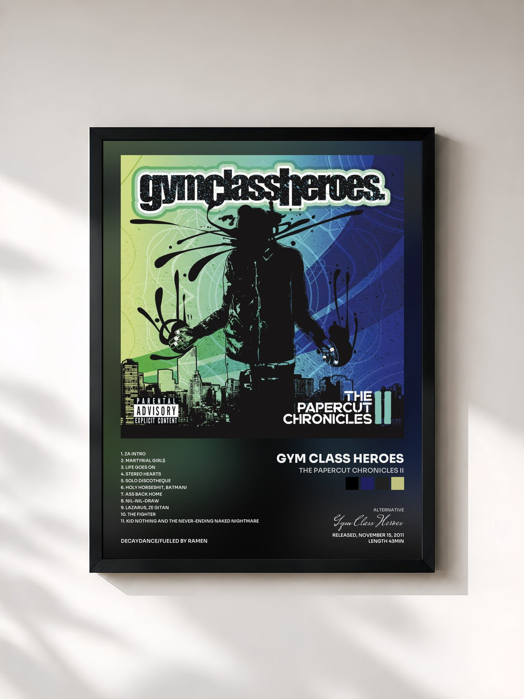 #noir Tableau de l'album The Papercut Chronicles II de Gym Class Heroes, cadre noir, imprimé et encadré en France