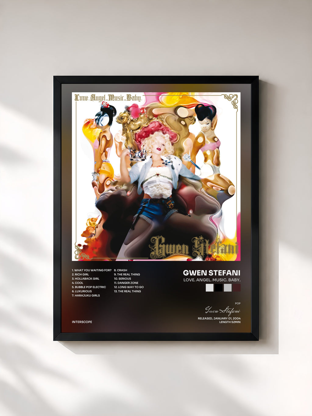 #noir Tableau de l'album Love. Angel. Music. Baby. de Gwen Stefani, cadre noir, imprimé et encadré en France