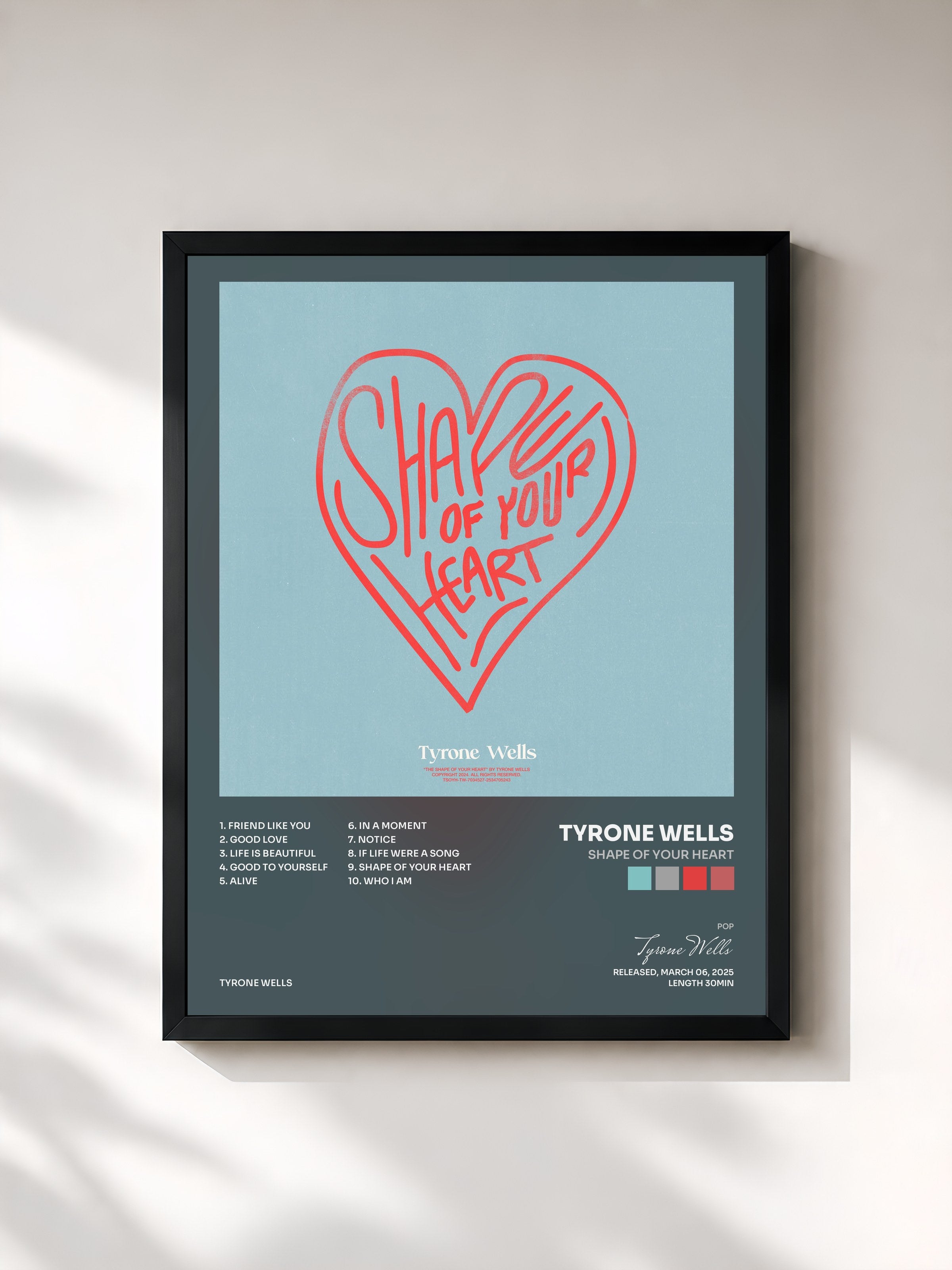 #noir Tableau de l'album Shape of Your Heart de Tyrone Wells, cadre noir, imprimé et encadré en France