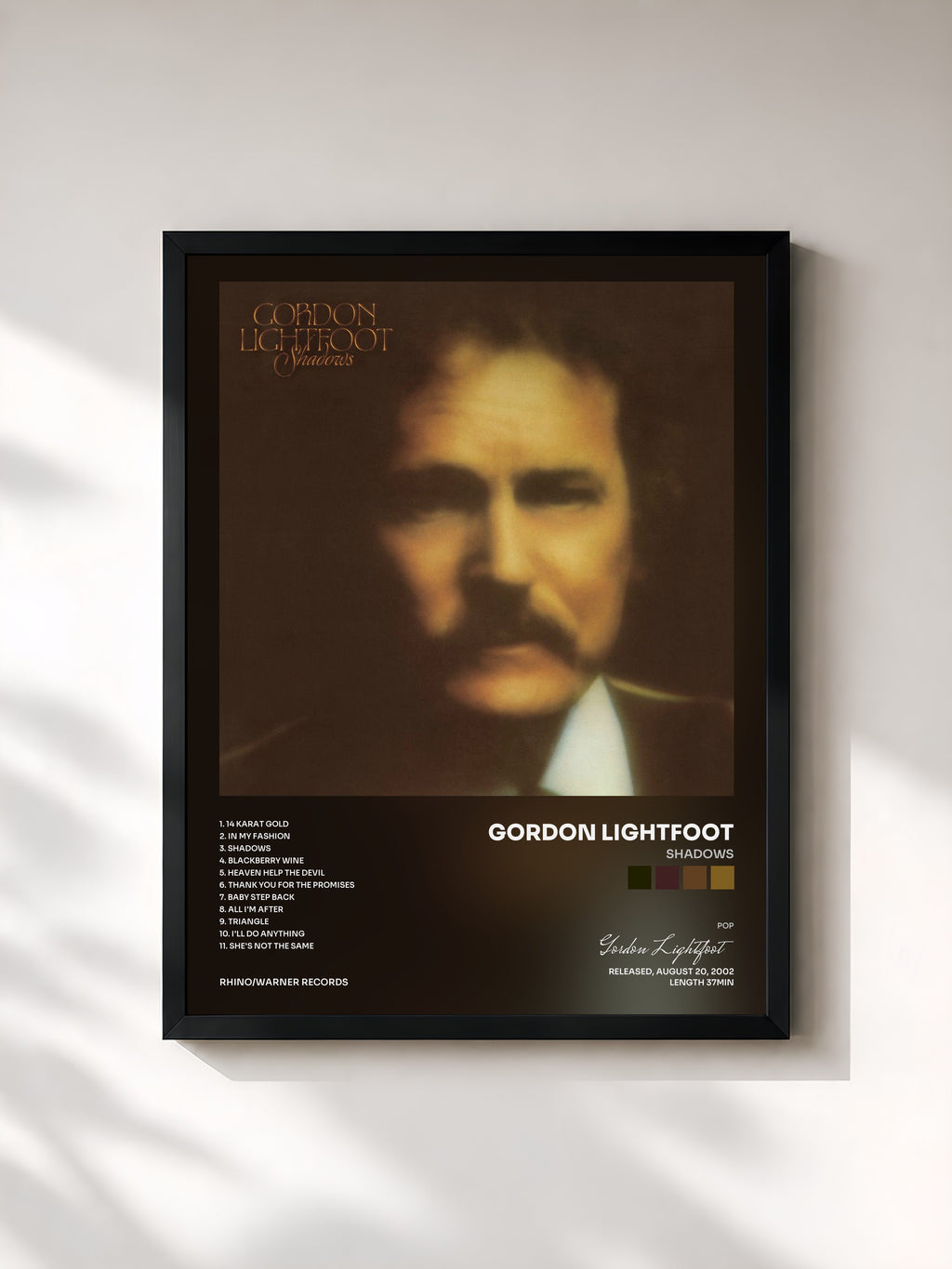 #noir Tableau de l'album Shadows de Gordon Lightfoot, cadre noir, imprimé et encadré en France