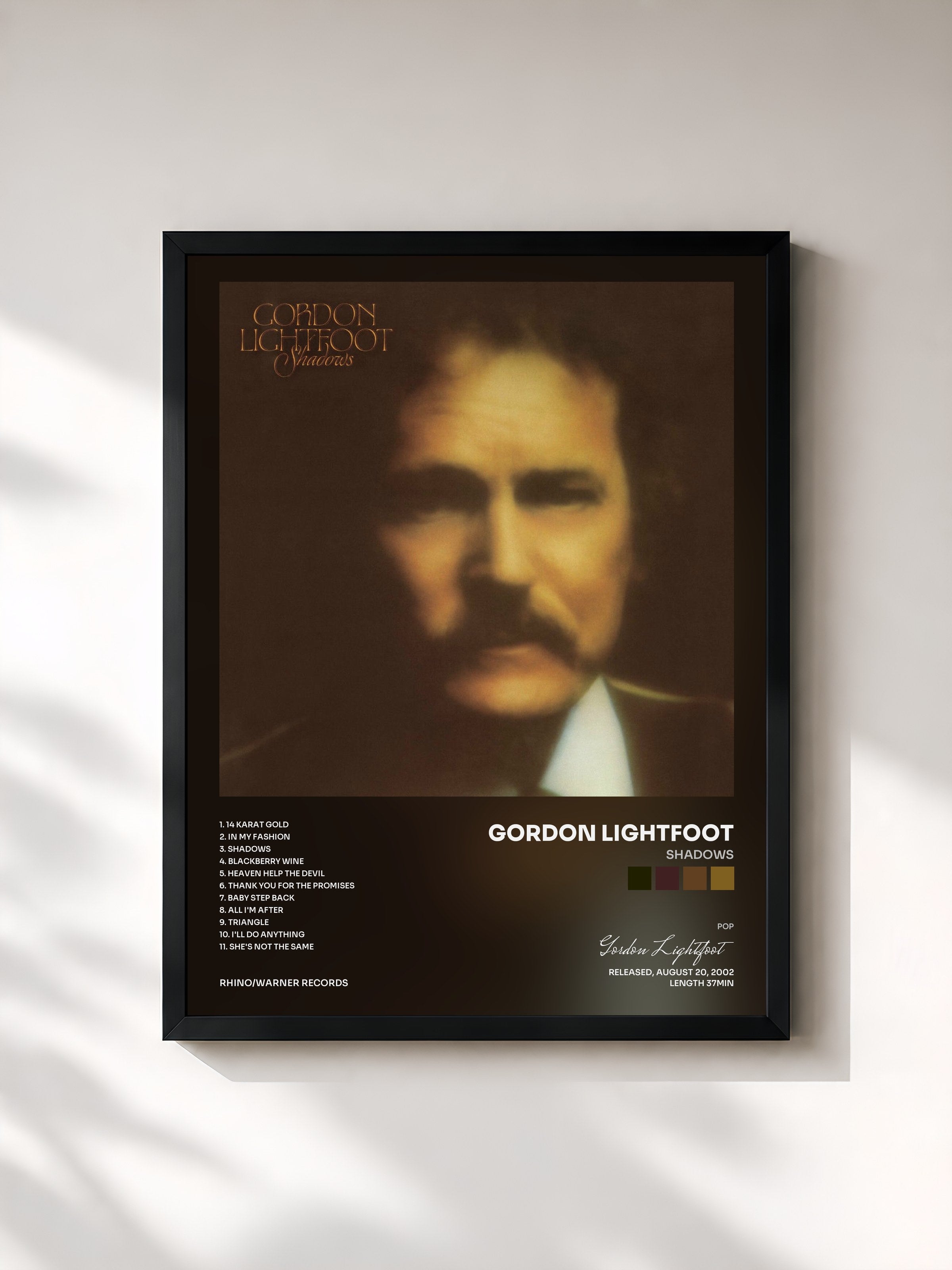 #noir Tableau de l'album Shadows de Gordon Lightfoot, cadre noir, imprimé et encadré en France