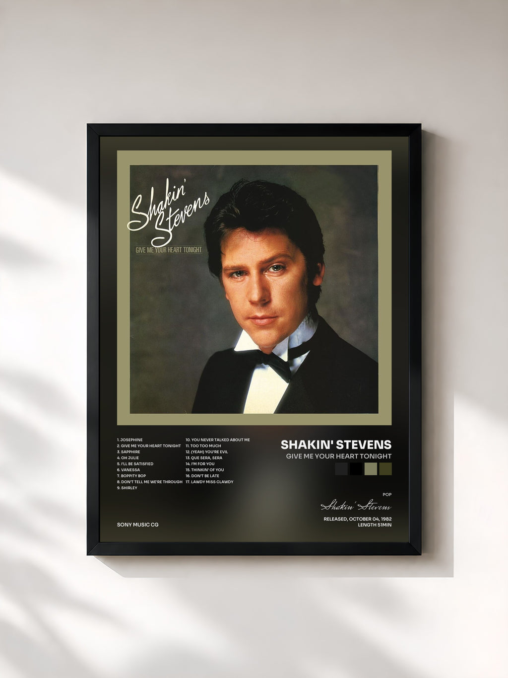#noir Tableau de l'album Give Me Your Heart Tonight de Shakin' Stevens, cadre noir, imprimé et encadré en France